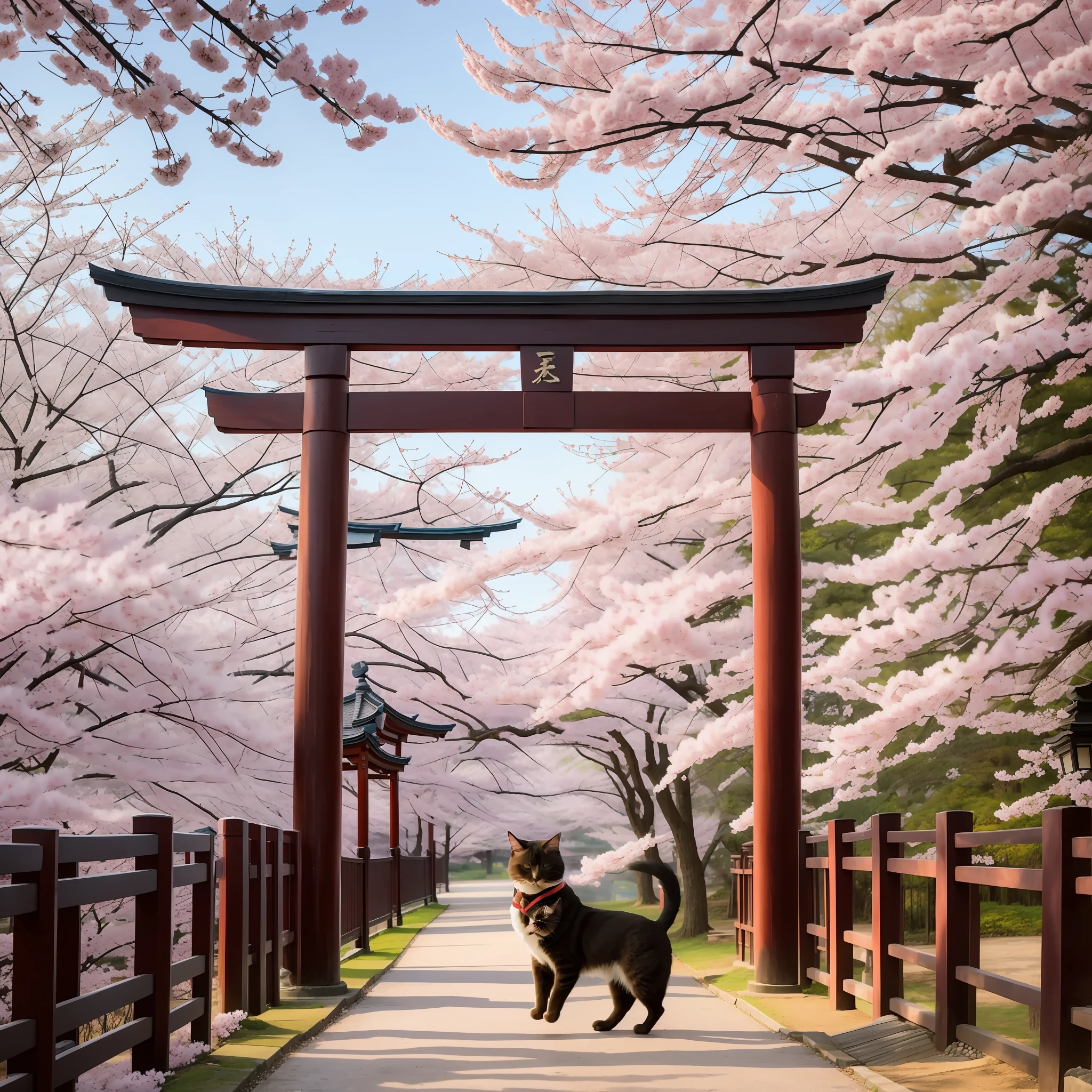 A beckoning cat wrestling in front of a torii gate where the rising sun with a blizzard of cherry blossoms --auto --s2