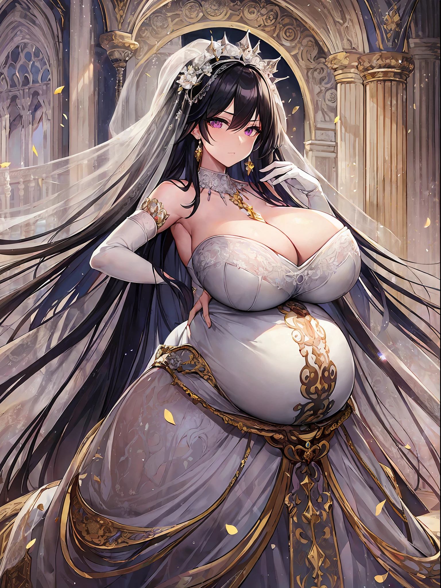 ((anime artstyle)),(((Masterpiece))), ((Best Quality)), ((Super Detail)), Illustration, (((Very Delicate and Beautiful))),Dynamic Angle,Looking at viewer,((((Solo)))),(((Full body))),(((1 arrogant pregnant empress in See-through white wedding dress having a wedding ceremony in a royal palace))),((((heavily pregnant)))),last month of pregnancy,(standing),((embarrassed)),anguish,Purple eyes,(Sharp eyes),Detailed Face, Long Eyelashes,Jet Black Hair,Straight Hair,((Very Long Hair)),Bangs between eyes, ((((gigantic breasts)))),cleavage,skindentation,curvy,See-through,(((fusion of See-through white wedding dress and white rococo ball gown))),(fluffy See-through white wedding dress with gorgeous embroidery),(((hoop skirt))),long skirt,corset,crinoline,long bridal veil,opera gloves,Beautifully Gorgeous jeweled big tiara,Beautifully Gorgeous gem earrings,Beautifully Gorgeous jeweled necklace,Beautifully Gorgeous jeweled ornaments,indoor,white lily flowers, flower petals flowing,Stained glass,light particles,