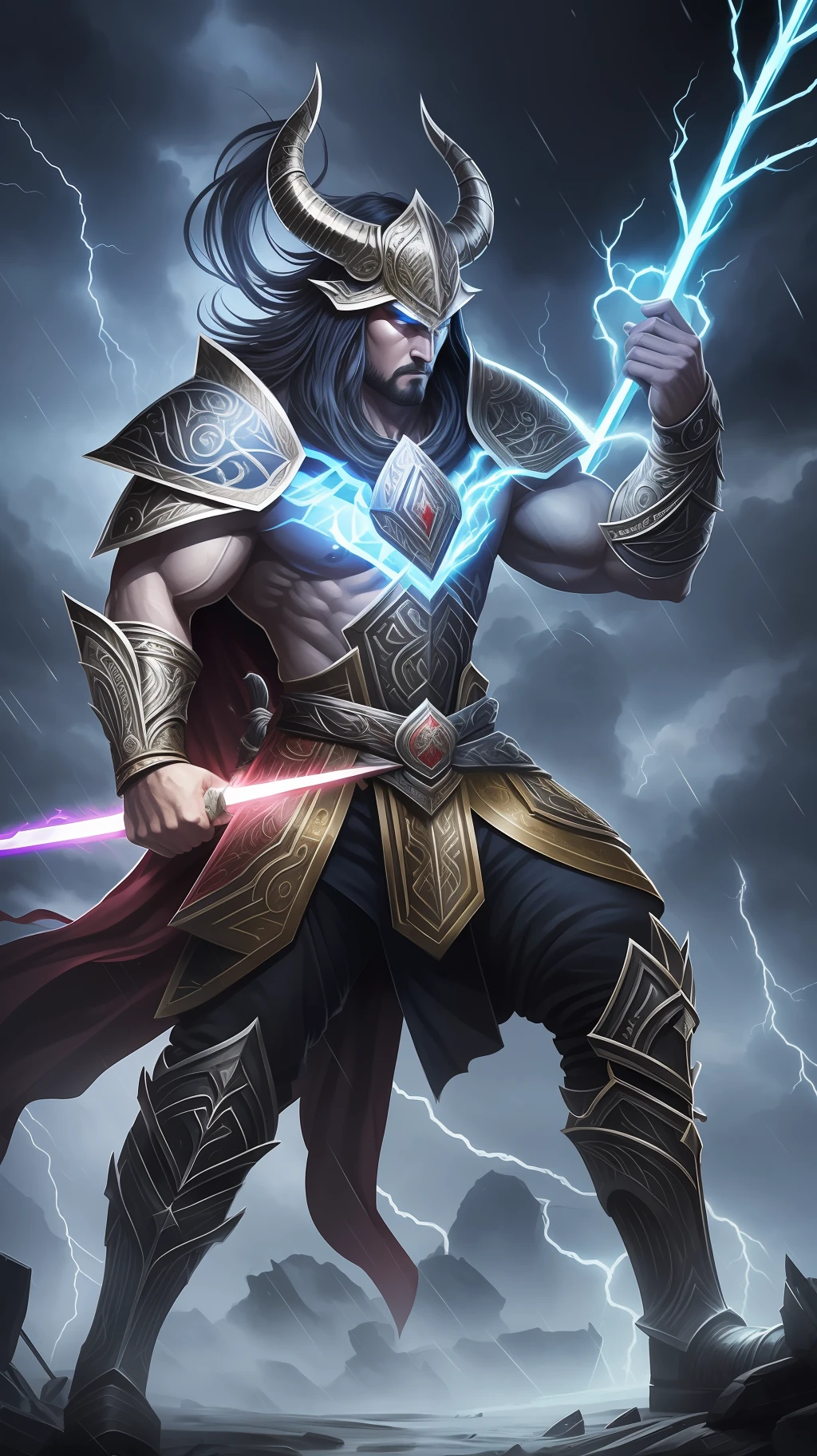 The illustration features an arcane warrior, a powerful being who personifies strength and courage. He's on a battlefield with debris all around him and a stormy sky in the background.
The arcane warrior is muscular and robust, with brilliant mystical tattoos. His blackened armor, adorned with runes, is sturdy and decorated with gold and red details.
He wields a broadsword with a bright, bluish blade, displaying arcane symbols. His determined face has piercing eyes and wears a horned helmet adorned with ancient inscriptions.
In the background, arcane symbols mingle in the storm. Glowing lightning cuts through the air, representing the magic that the arcane warrior masters.
This illustration captures the fearless hero, combining martial skills with mastery of the arcane arts. It represents the union between brute force and magic, inspiring victory over darkness. --auto --s2