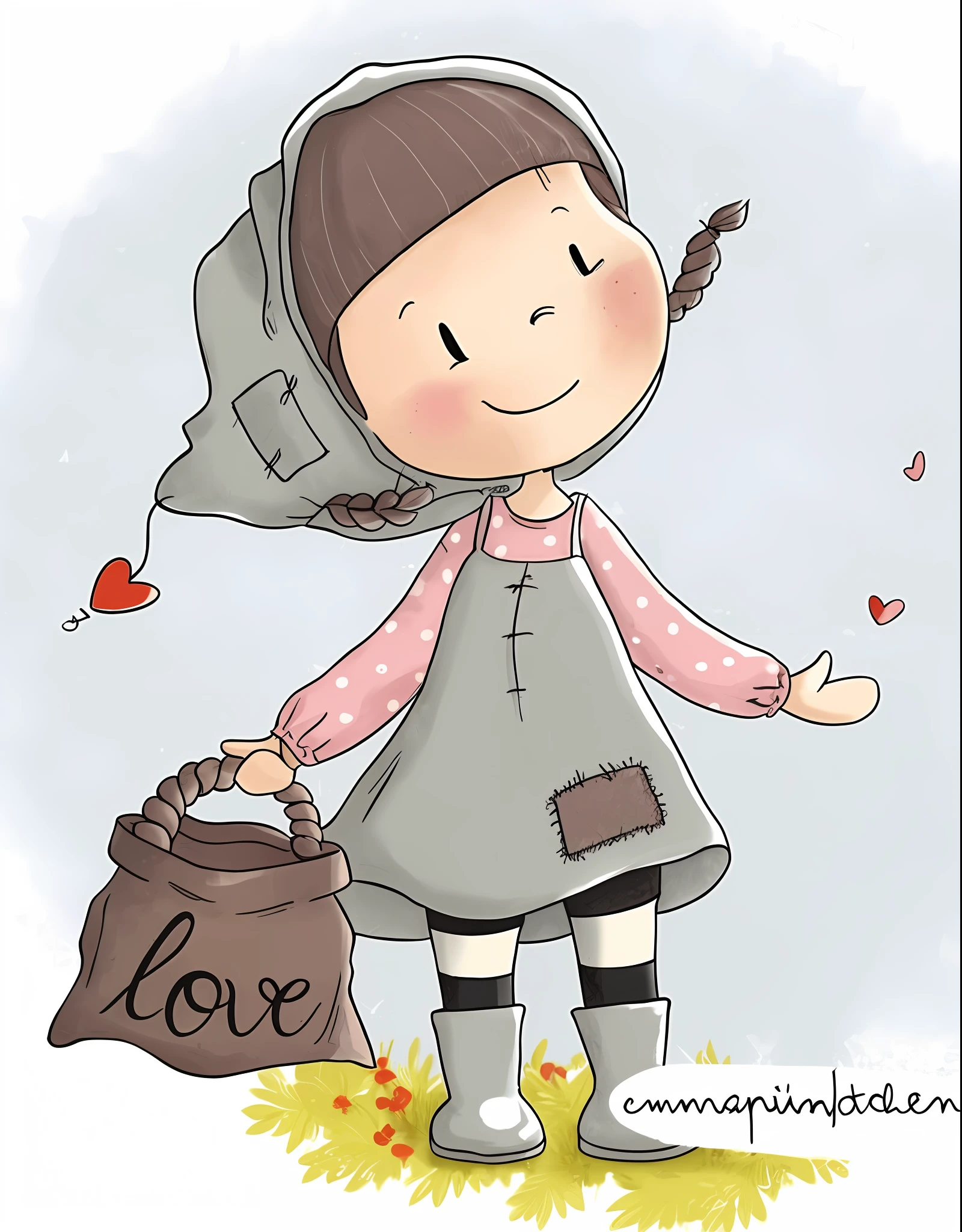 a cartoon girl in a dress and hat holding a bag, cute cartoon, cute cartoon character, cute illustration, cute digital art, very cute and childlike, cute character, cute artwork, cute art style, cute cartoon style, by Zsuzsa Máthé, cartoonish cute, cute and lovely, in cartoon style, cute drawing, girl in love