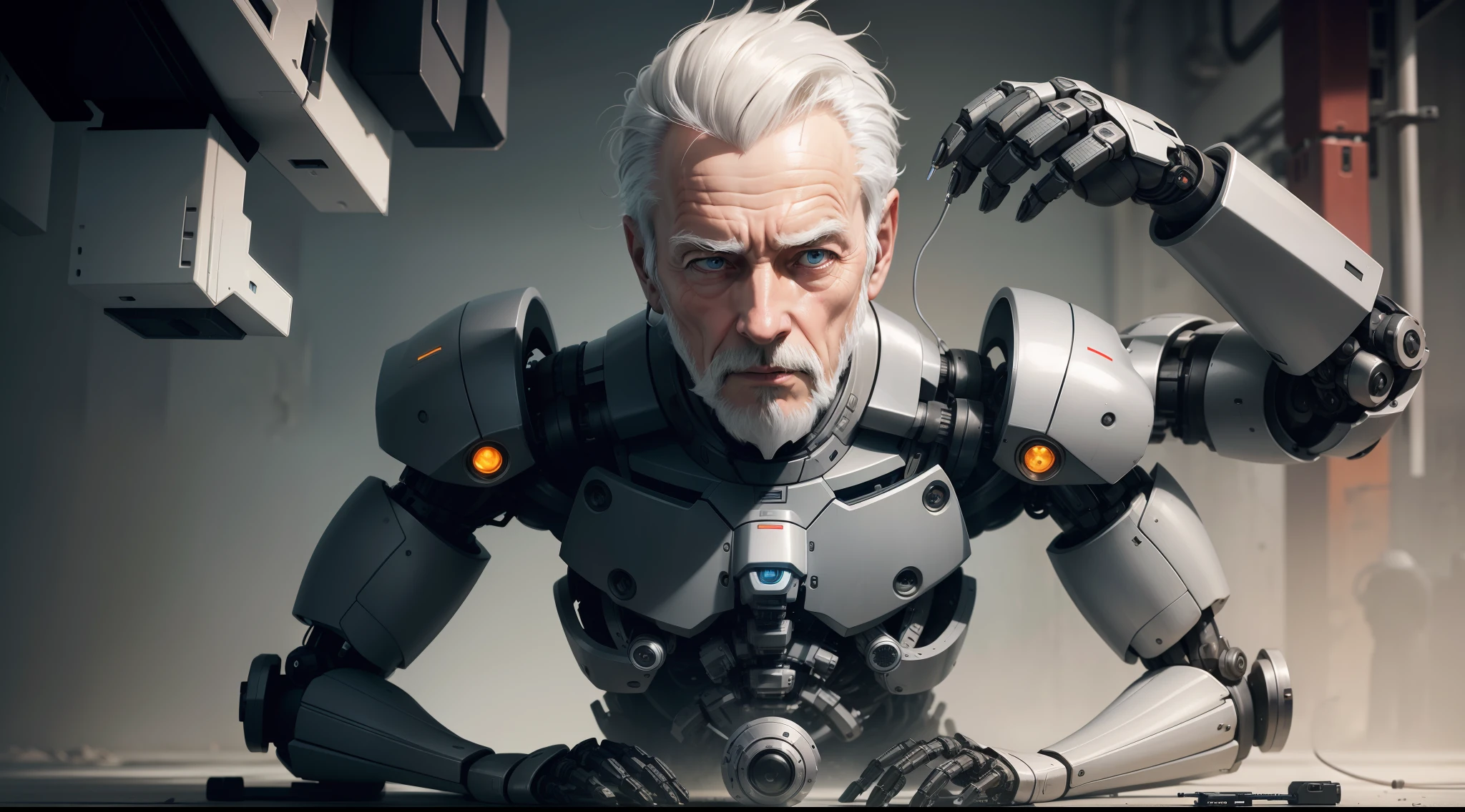 A robot that is assembling its own head, mechanical hands, robotic body, gray-haired old man's head, mechanical body, assembled