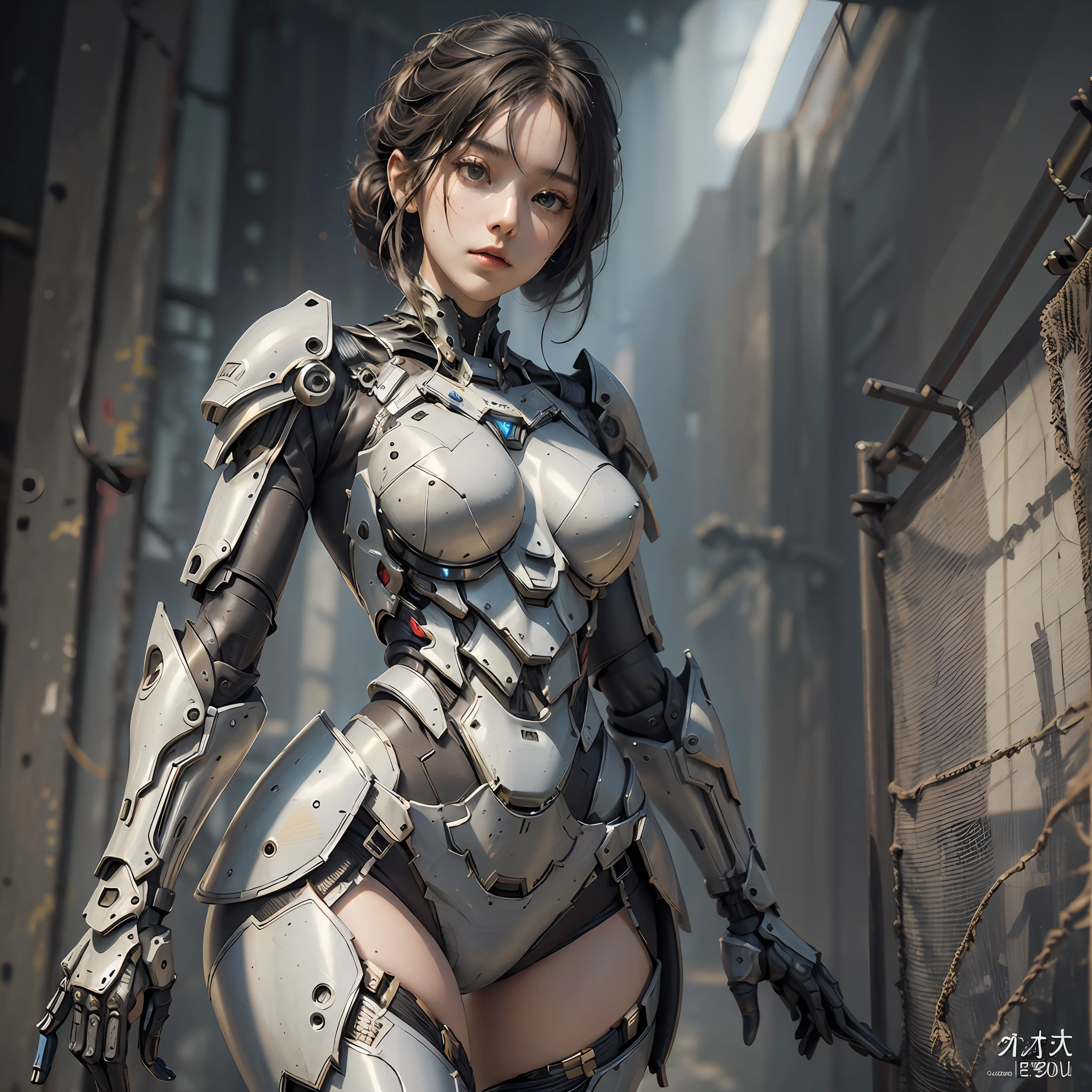 (masterpiece), (best quality), photorealism, realistic, ultra detailed, perfect face, perfect body, 1girl, beautiful girl, girl in whie armor, mechanical armor, exoskeleton, stand, cool pose, sexy, view from below