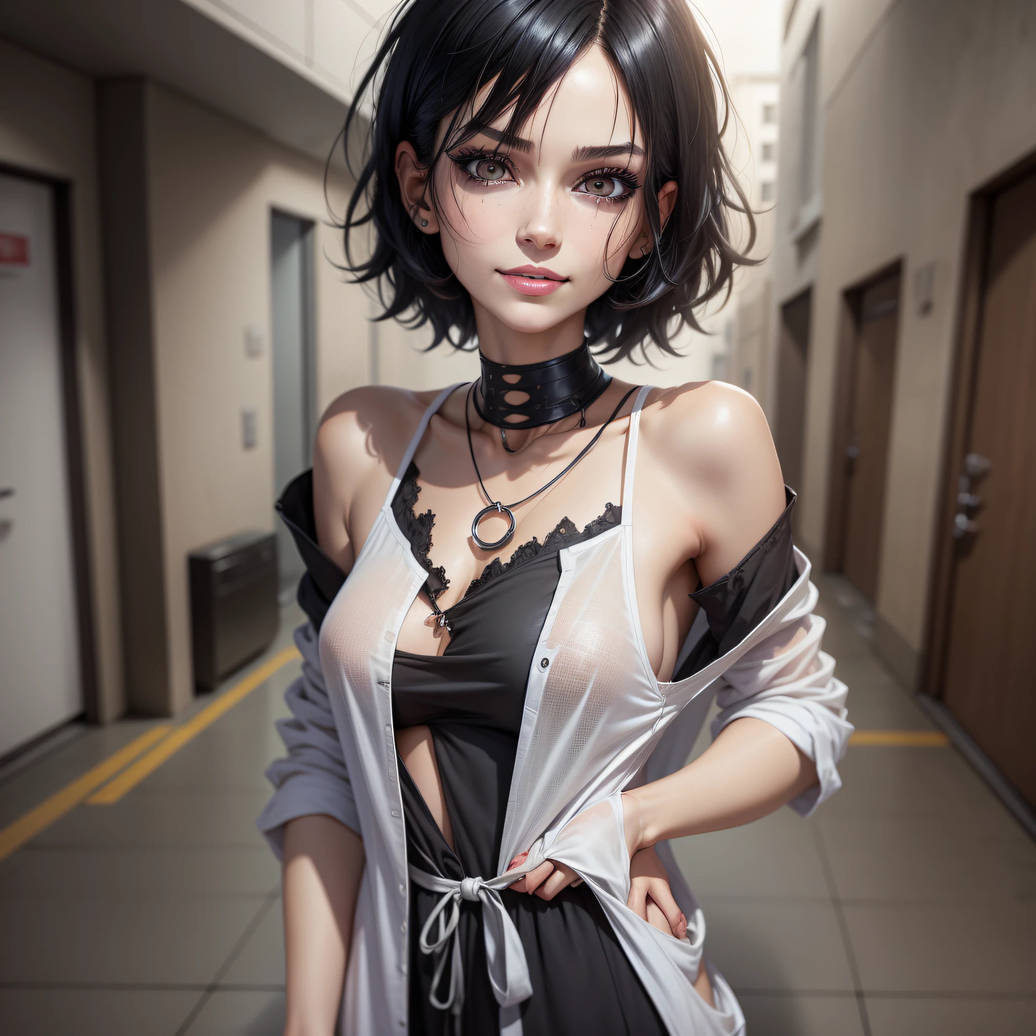 skinny woman, large clothes, skinny legs, dress, hospital clothes, short hair, streaked hair, black hair, asymmetrical hair, messy hair, no pupils, blank eyes, devil eyes, makeup, smile, Hyperrealism, anime style, Realism, anatomically correct, textured skin, best quality