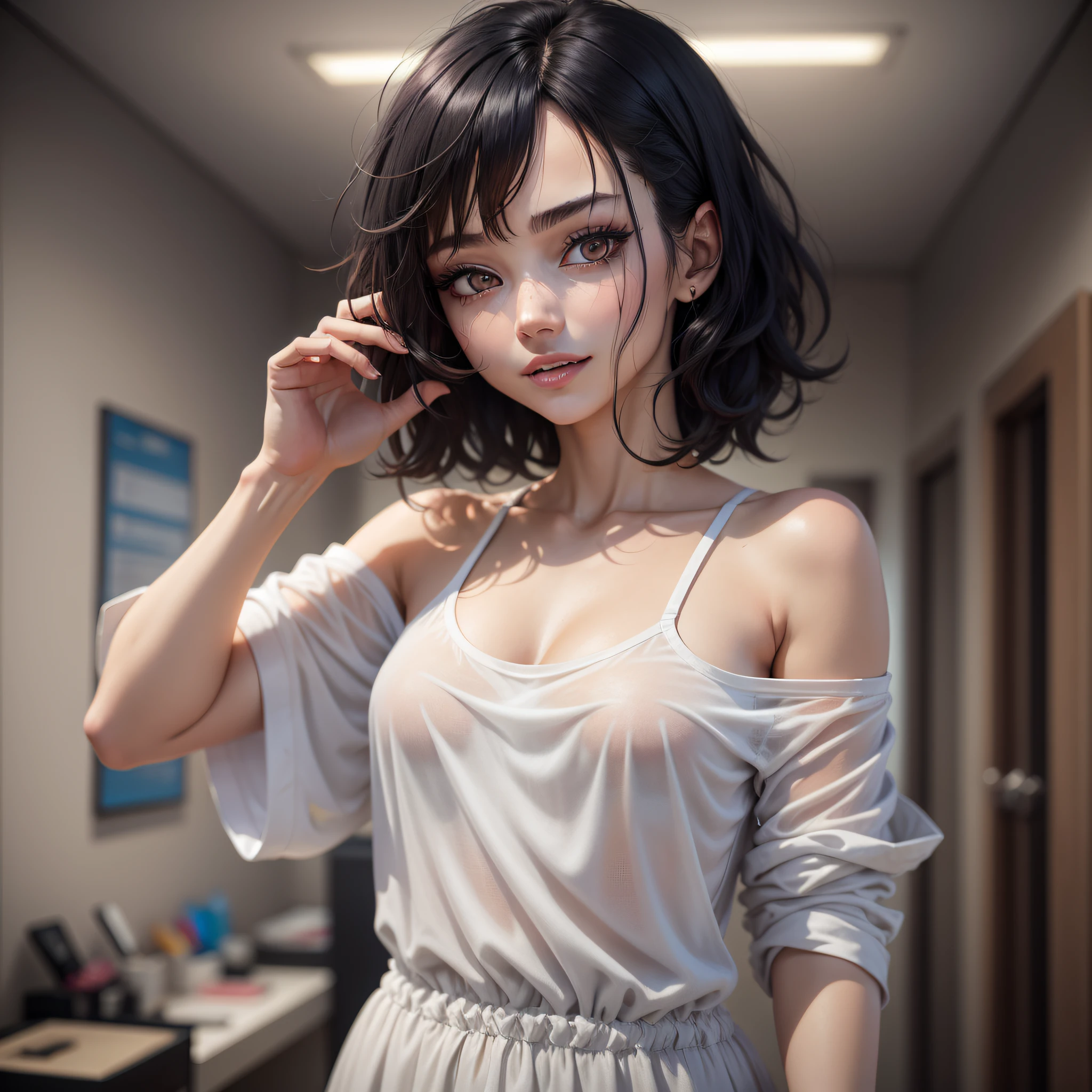 skinny woman, large clothes, skinny legs, dress, hospital clothes, short hair, streaked hair, streaked hair, streaked hair, black hair, asymmetrical hair, curly hair, messy hair, halo, no pupils, no pupils, blank eyes, devil eyes, makeup, nosebleed, smile, happy, Hyperrealism, anime style, Realism, anatomically correct, textured skin, best quality