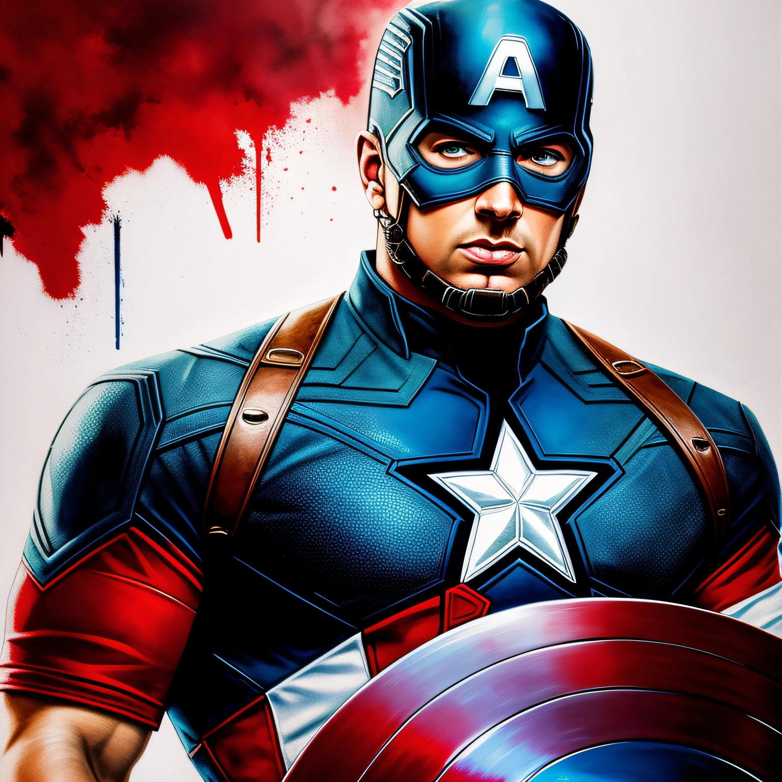 captain america, new york background, graffiti art style, white background, oil painting, watercolor, ultra details, leftovers, 8k render, realistic reflections