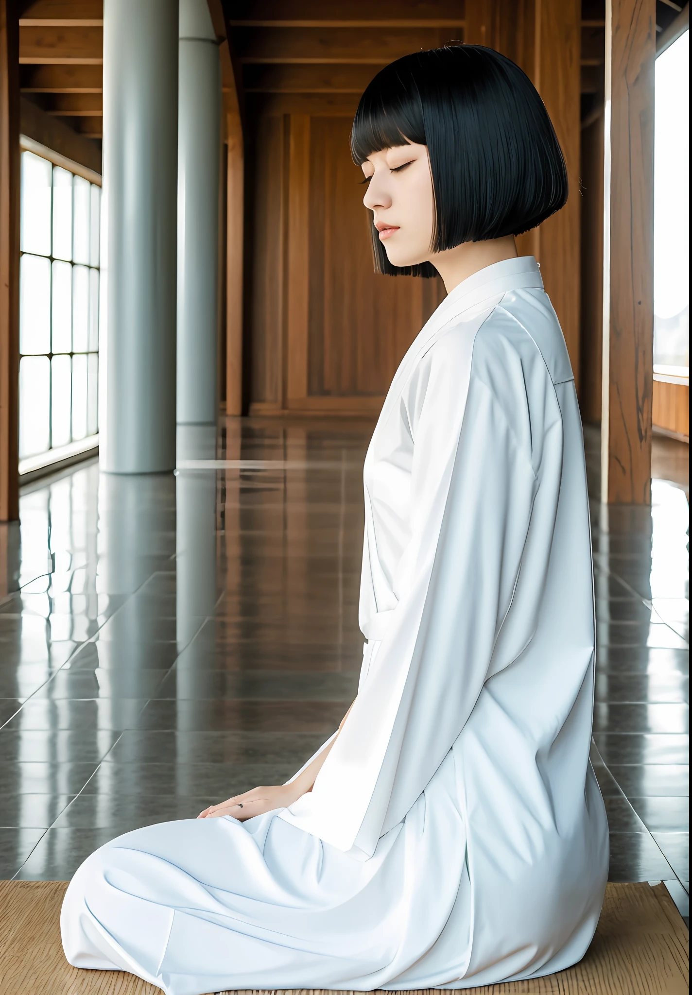 One girl, black hair, bangs, bob-cut hair, (Sith meditation: 1.3), dressed in the white attire of a monk, sitting cross-legged with his back straight, eyes closed, zazen, meditation, (main hall of the temple: 1.1), spiritual stillness, transcendental tranquility, Absurdres, HDR, ultra-detailed illustration, highly detailed face, RAW photography, film grain, deviantart trend, night, A scene from the movie,