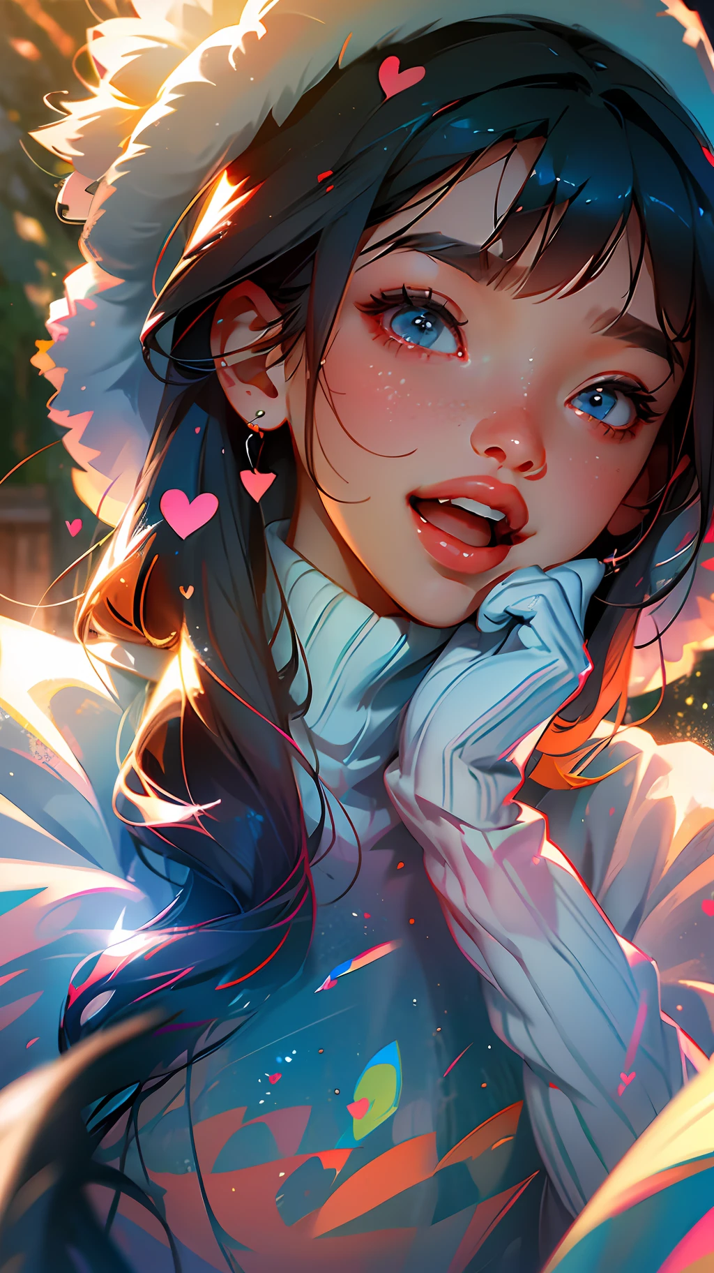 a girl, cosy sweater on, upper body, (huge Laughing:1.1), (open mouth:1.1), (wide open eyes:1.2), sun glare, bokeh, depth of field, blurry background, light particles, strong wind, (heart particles:1.1) --auto --s2