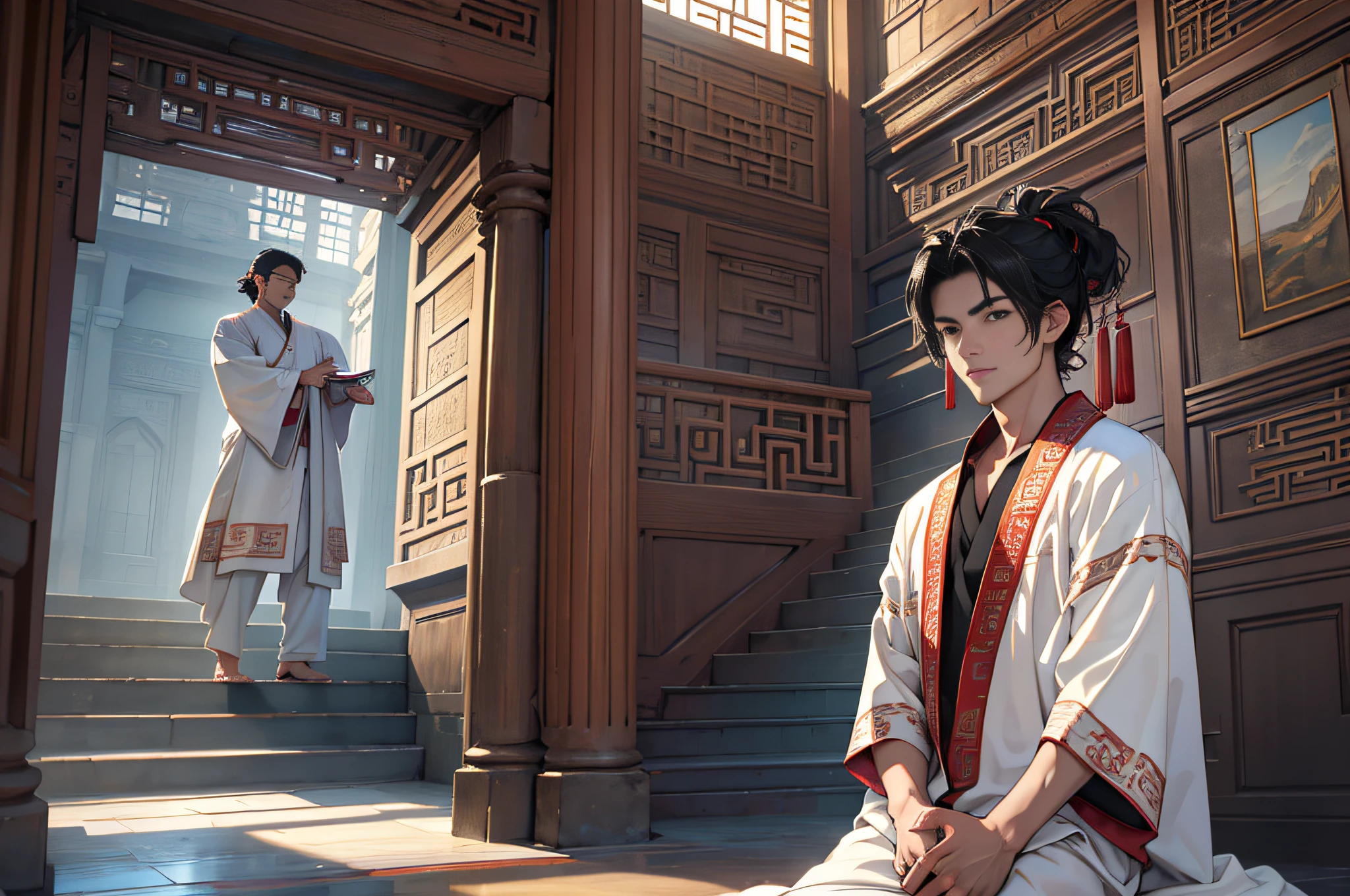 Best quality, masterpiece, high resolution, 1boy, ancient Chinese, 18 years old, short black hair, clear face, no stubble, white pajamas, arched hands, library cabinet, stairs 4k, 8k. Chinese ancient style. (High Detail Skin: 1.2), 8K UHD, DSLR, Soft Light, High Quality, Volumetric Light, Voyeur, Photo, High Resolution, 4K, 8K.