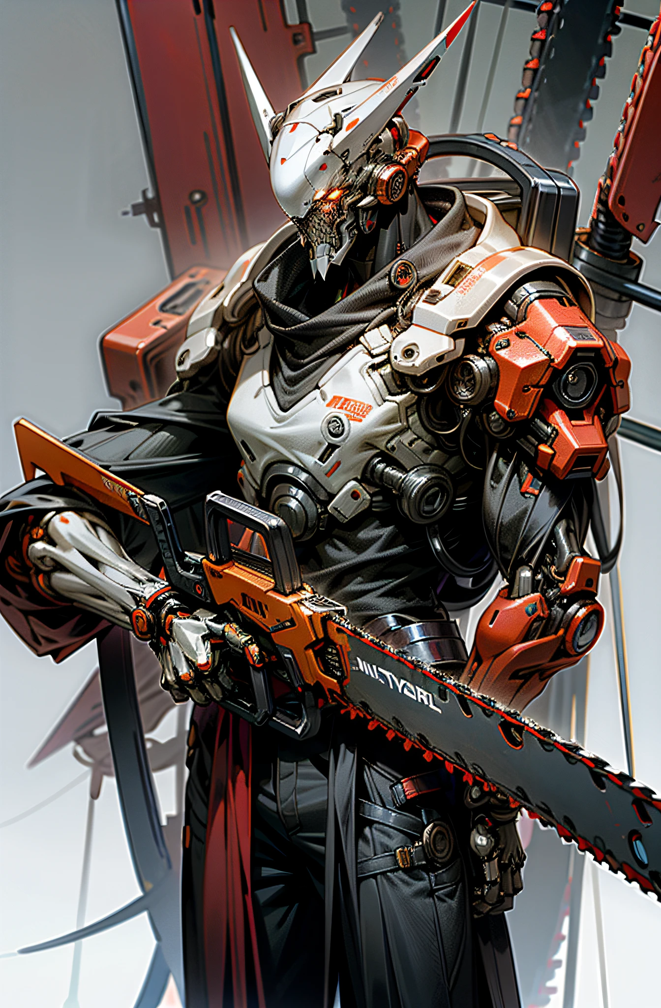 Dark_Fantasy, Cyberpunk, (Chainsaw, Chainsaw Man, Red: 1.1), 1 Man, Mechanical Marvel, Robot Presence, Cybernetic Guardian, Hair Like Wire,