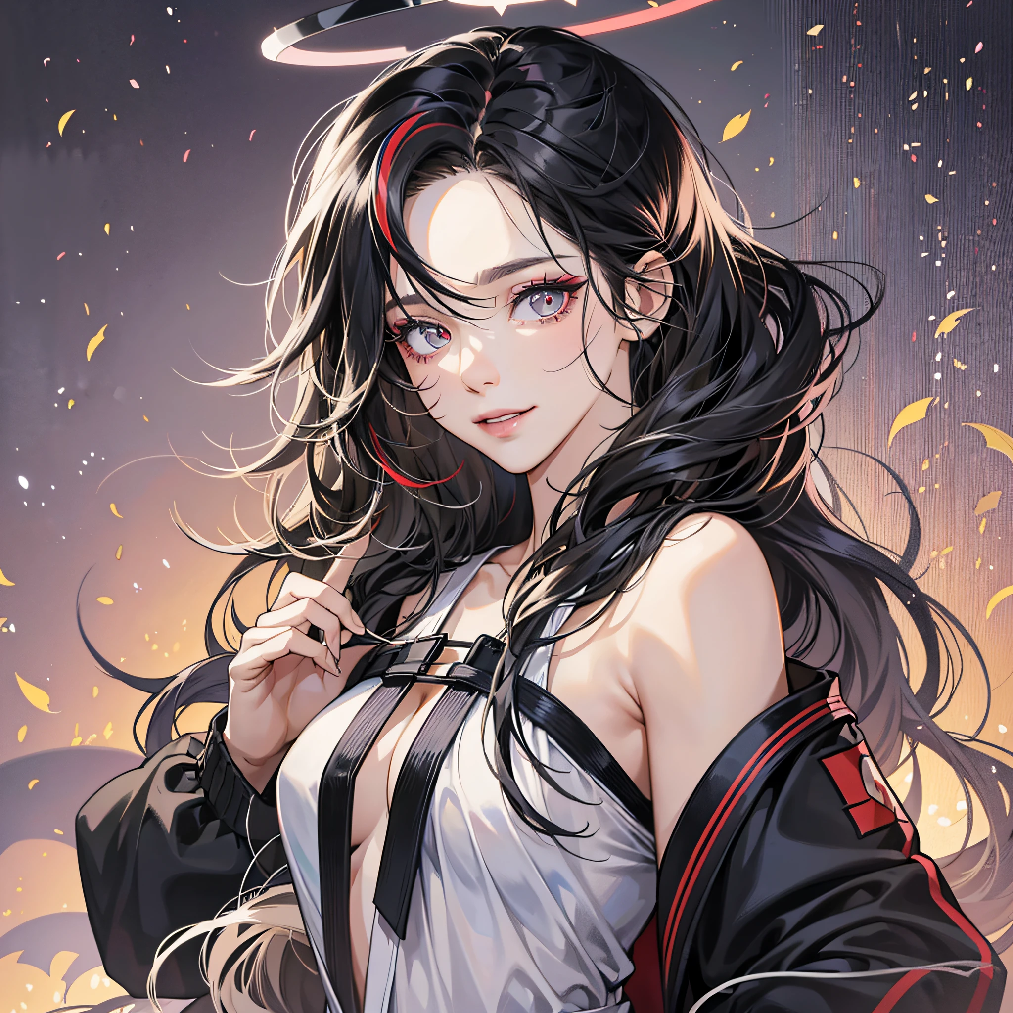 female, large clothes, skinny legs, dress, streaked hair, streaked hair, streaked hair, black hair, asymmetrical hair, curly hair, messy hair, halo, no pupils, no pupils, blank eyes, devil eyes, makeup, nosebleed, smile, Hyperrealism, anime style, anatomically correct, textured skin, best quality --auto --s2