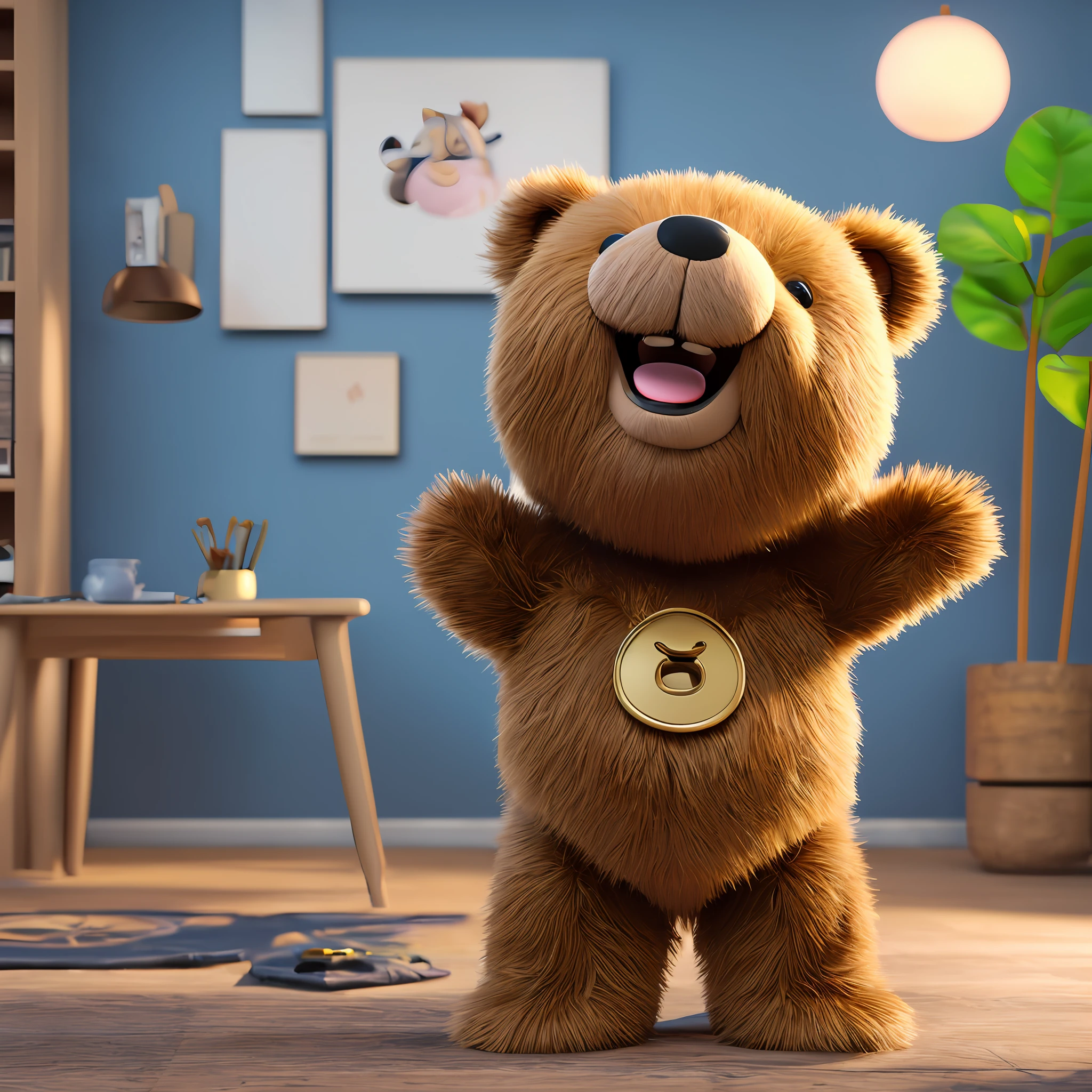 cute and adorable teddy bear waving and smiling greeting me, unreal engine, cozy interior lighting, art station, detailed digital painting, cinematic, character design by Mark Ryden and Pixar and Hayao Miyazaki, Unreal 5, DAZ, Hyper realistic, Octane rendering, 3DMDT1