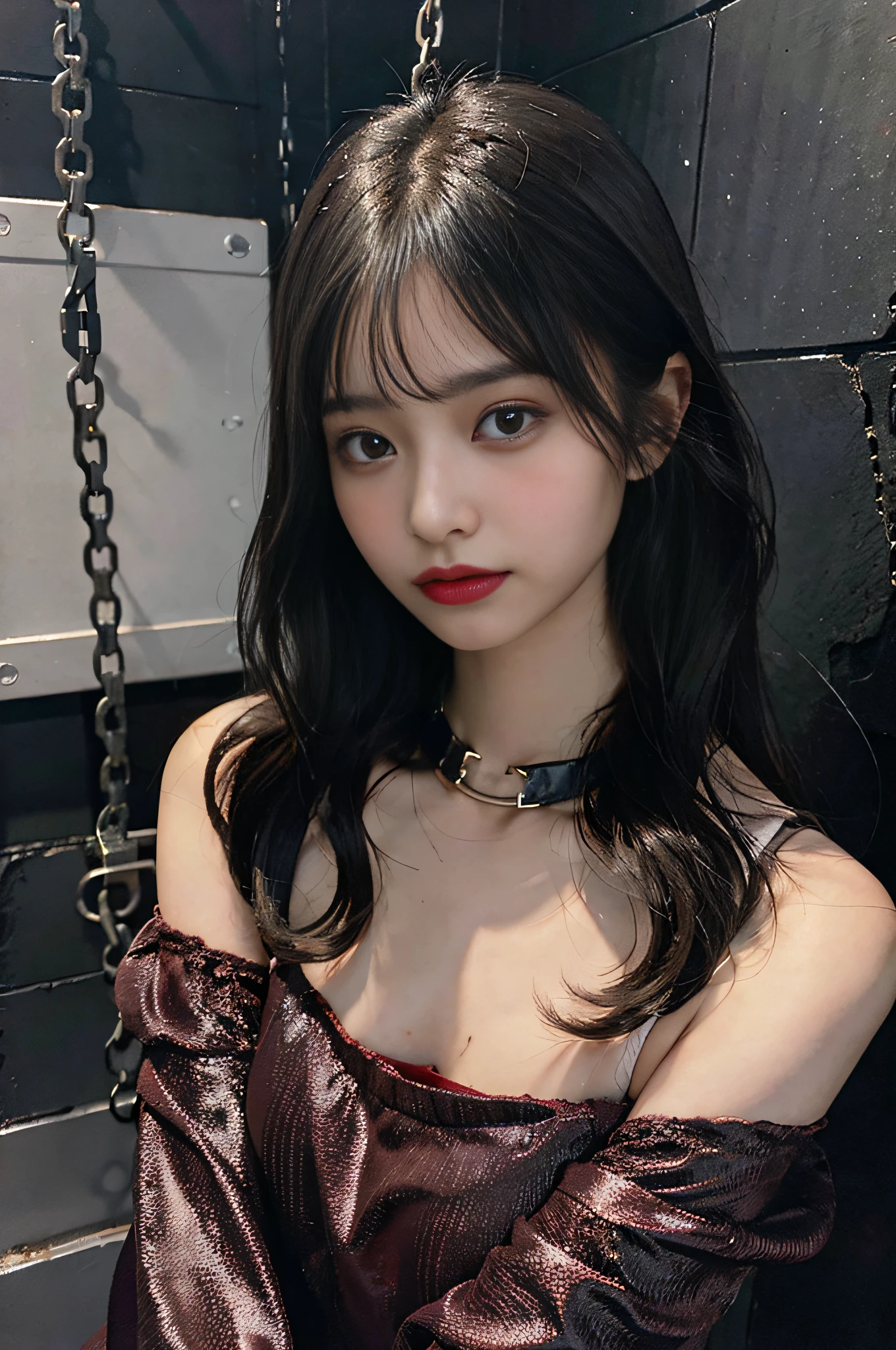 Create an image of a woman around 20 years old with dark hair and dark eyes. She is chained with collars, bangles and shackles. basement, confinement, filth, mud, rust, red water, torture, abduction
