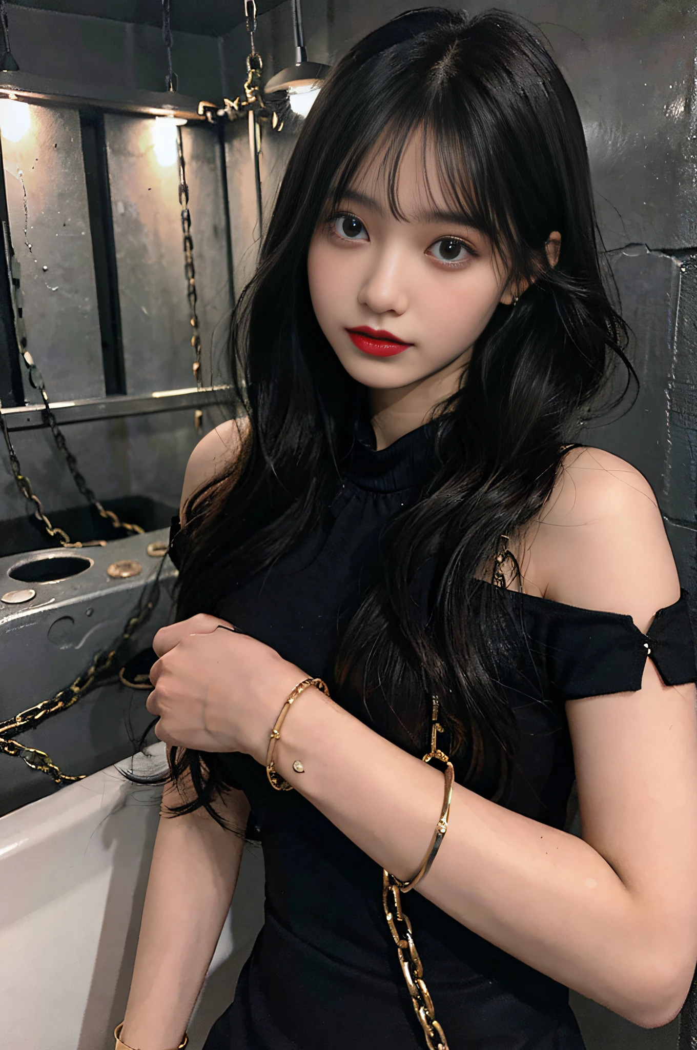 Create an image of a woman around 20 years old with dark hair and dark eyes. She is chained with collars, bangles and shackles. basement, confinement, filth, mud, rust, red water, torture, abduction