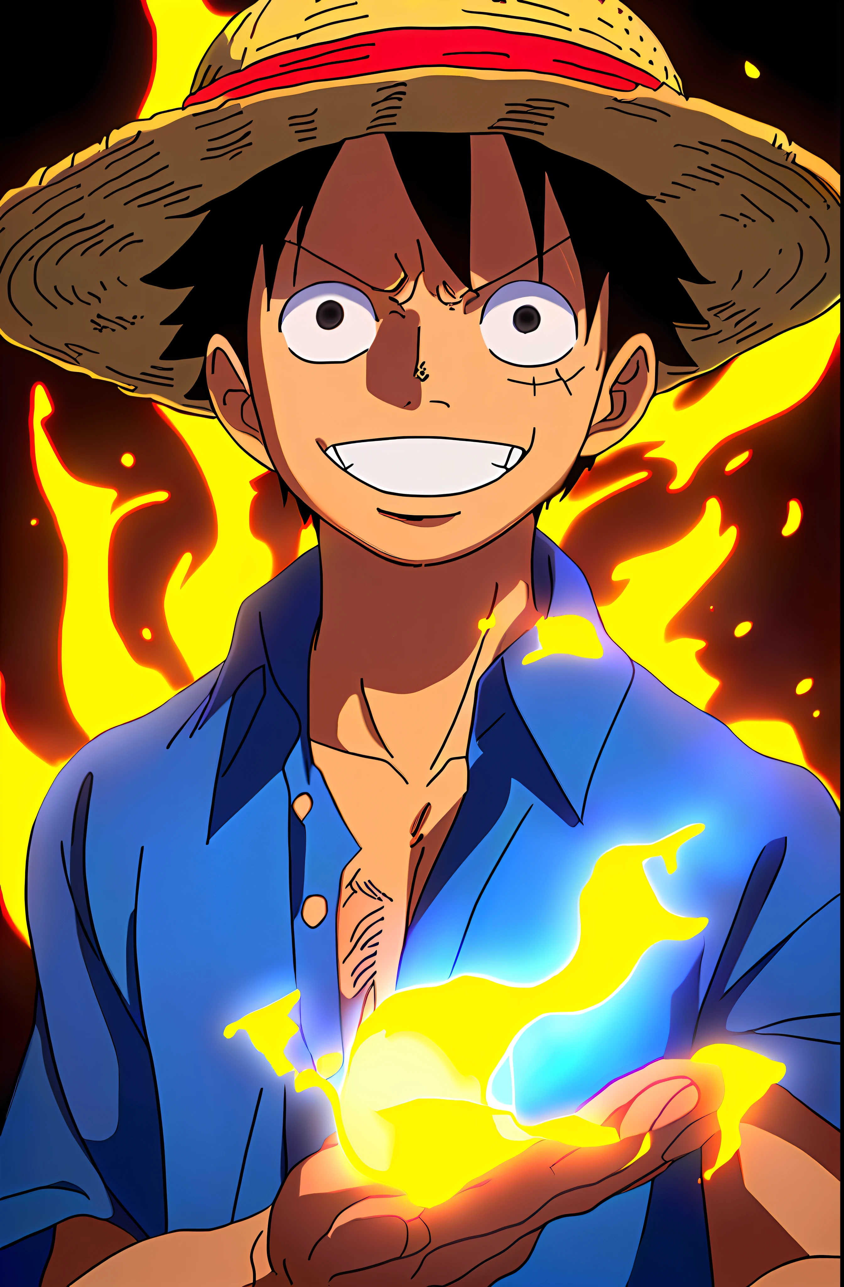 1boy, wanostyle, monkey d luffy, smiling, straw hat, looking at viewer, solo, upper body, ((masterpiece)), (best quality), (extremely detailed), depth of field, sketch, dark intense shadows, sharp focus, soft lighting, hdr, colorful, good composition, fire all around, spectacular, closed shirt, anime screencap, scar under eye, ready to fight, black eyes