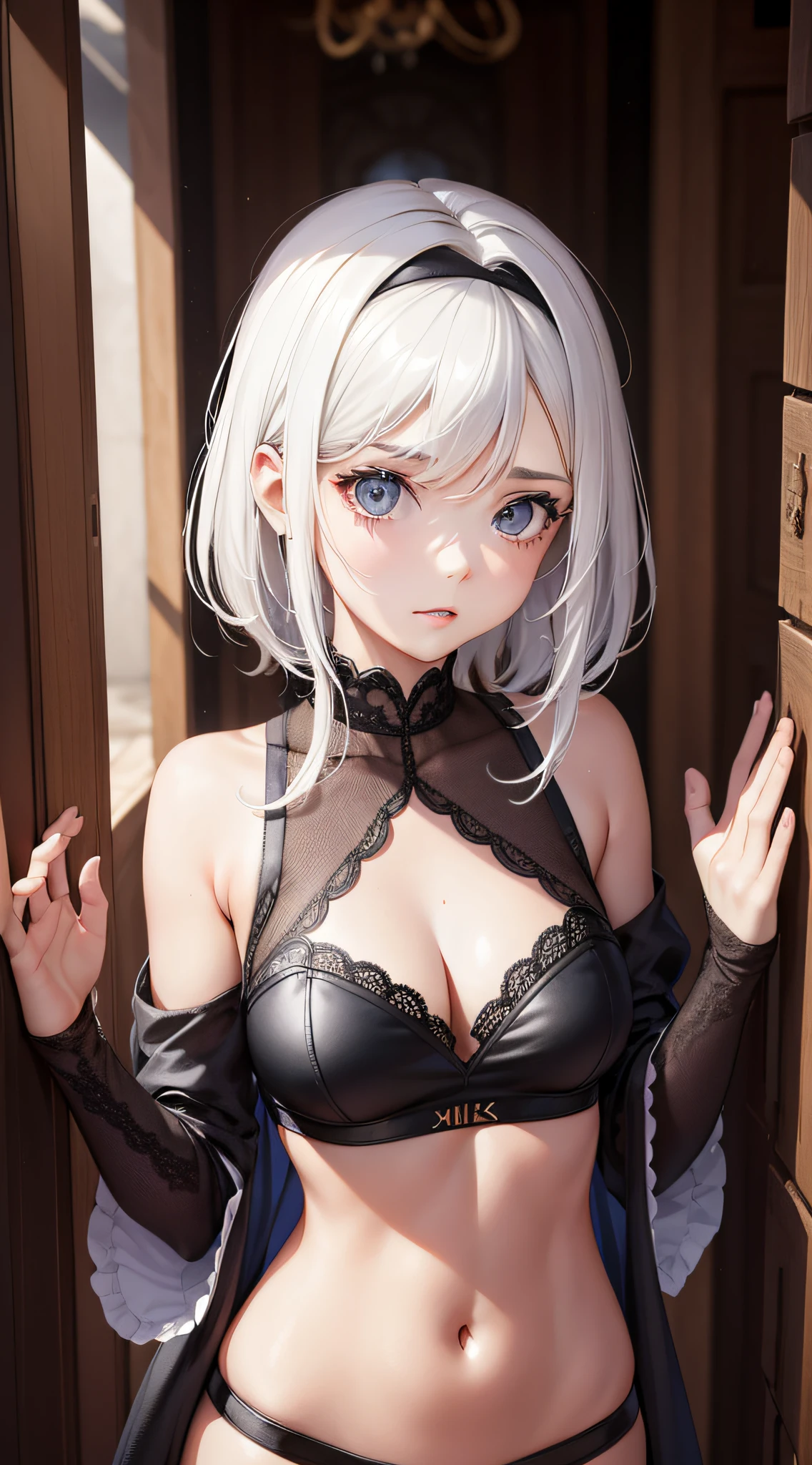 Woman in baggy hsopital clothes, thin, is standing in an empty and gloomy place, with short black hair, has white skin and dark circles, sick face
