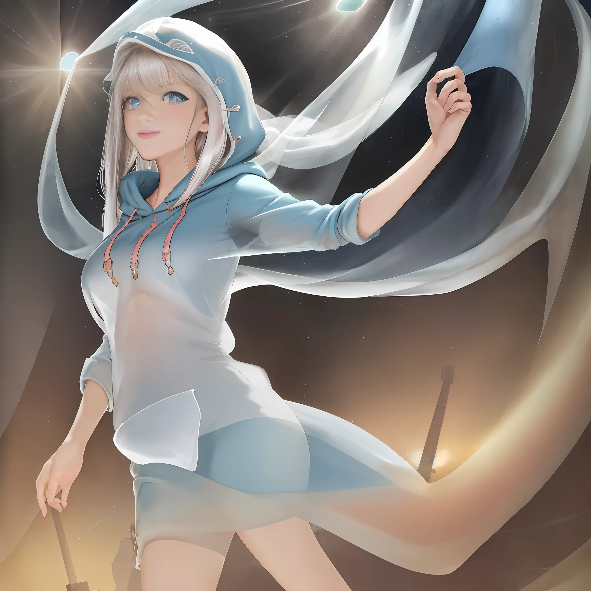 ((best quality)), (ultra-detailed), ((extremely detailed)), 4K, (8K), best quality, (beautiful), watercolor, watercolor pencil, realistic, real, a cute girl, 1girl, solo0, beautiful silver hair, beautiful blue eyes, ((beautiful eyes)), white-skinned, long hair, lip, (((transparent hair))),(((translucent hair))),smile,((hoodie)),(jewelry eyes),((transparent eyes)),((perfect anatomy))