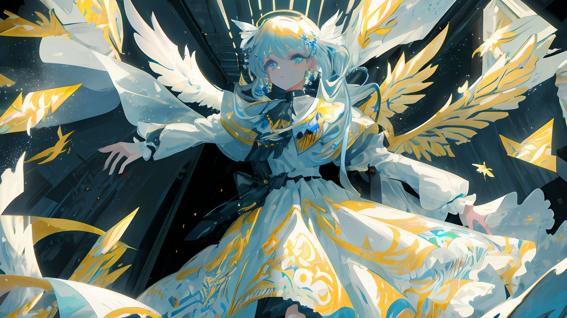 {{illustration}},{{{masterpiece}}},{{best quality}},{High resolution}, hignity 8k wallpaper,detailed background,{{beautiful detailed water}},{beautiful detailed face},fluttered detailed splashs,{{intricate detail}},Golden armor,{indoor},{{Central symmetry}},{{{White wings}}},{{{feather}}},{{{Medieval church}}},{{{armor}}},Cruel Angel, Unsympathetic Machines, Multiple wings,white_hair,painted in the style of Abstract art,absurdres,Illustration,Tyndall effect