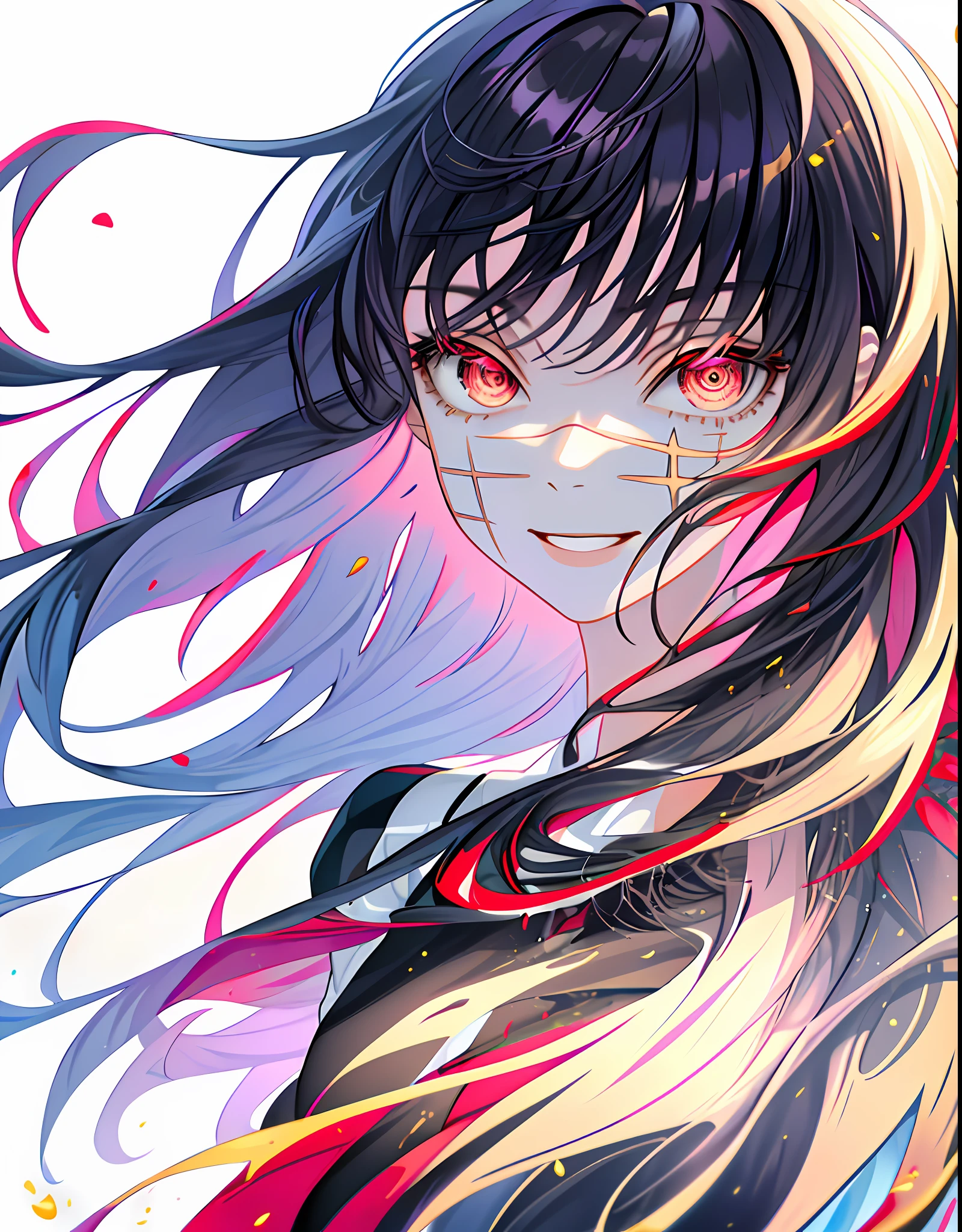 (((best quality))), (((masterwork))), asacsm, 1girl, solo, solo focus, focus on eyes, (beautiful eyes, red eyes:1.2), ((face scar)), standing, portrait, smiling, small lips, cute, long hair, black hair, school uniform, hands behind back, digital art, featured on pixiv, trending on artstation, high contrast, shadened face