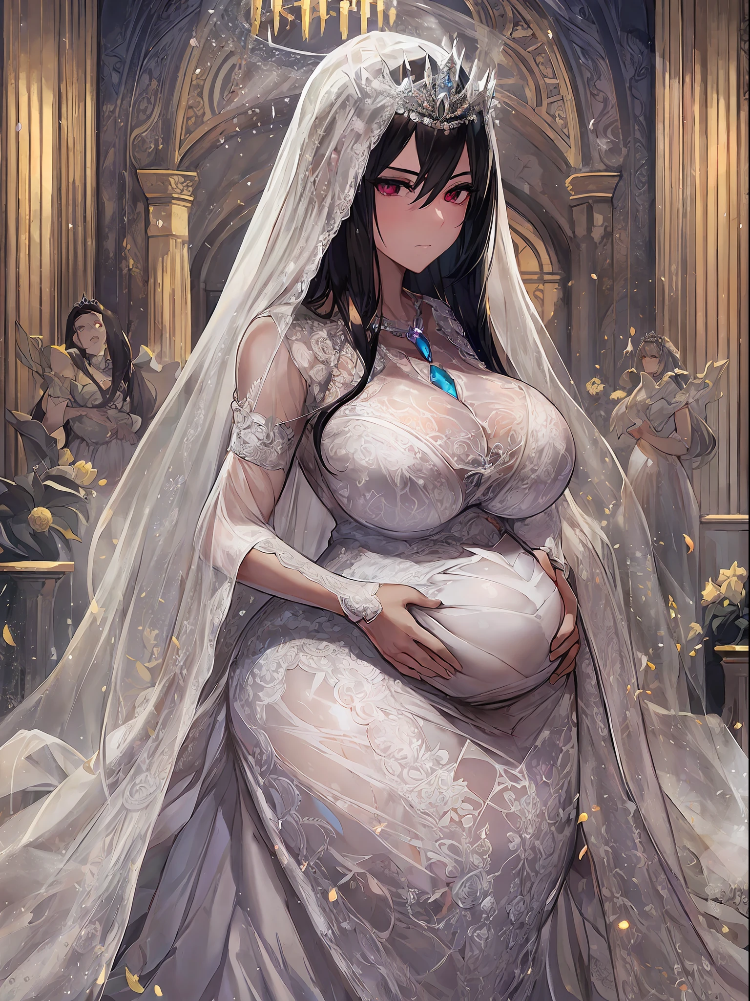 ((anime artstyle)),(((Masterpiece))), ((Best Quality)), ((Super Detail)), Illustration, (((Very Delicate and Beautiful))),Dynamic Angle,Looking at viewer,((((Solo)))),(((Full body))),(((1 arrogant pregnant empress in See-through white wedding dress having a wedding ceremony in a royal palace))),((((heavily pregnant)))),last month of pregnancy,(standing),((embarrassed)),anguish,Purple eyes,(Sharp eyes),Detailed Face, Long Eyelashes,Jet Black Hair,Straight Hair,((Very Long Hair)),Bangs between eyes, ((((gigantic breasts)))),cleavage,skindentation,curvy,See-through,(((fusion of See-through white wedding dress and white rococo ball gown))),(fluffy See-through white wedding dress with gorgeous embroidery),(((hoop skirt))),long skirt,corset,crinoline,long bridal veil,opera gloves,Beautifully Gorgeous jeweled big tiara,Beautifully Gorgeous gem earrings,Beautifully Gorgeous jeweled necklace,Beautifully Gorgeous jeweled ornaments,indoor,white lily flowers, flower petals flowing,Stained glass,light particles,