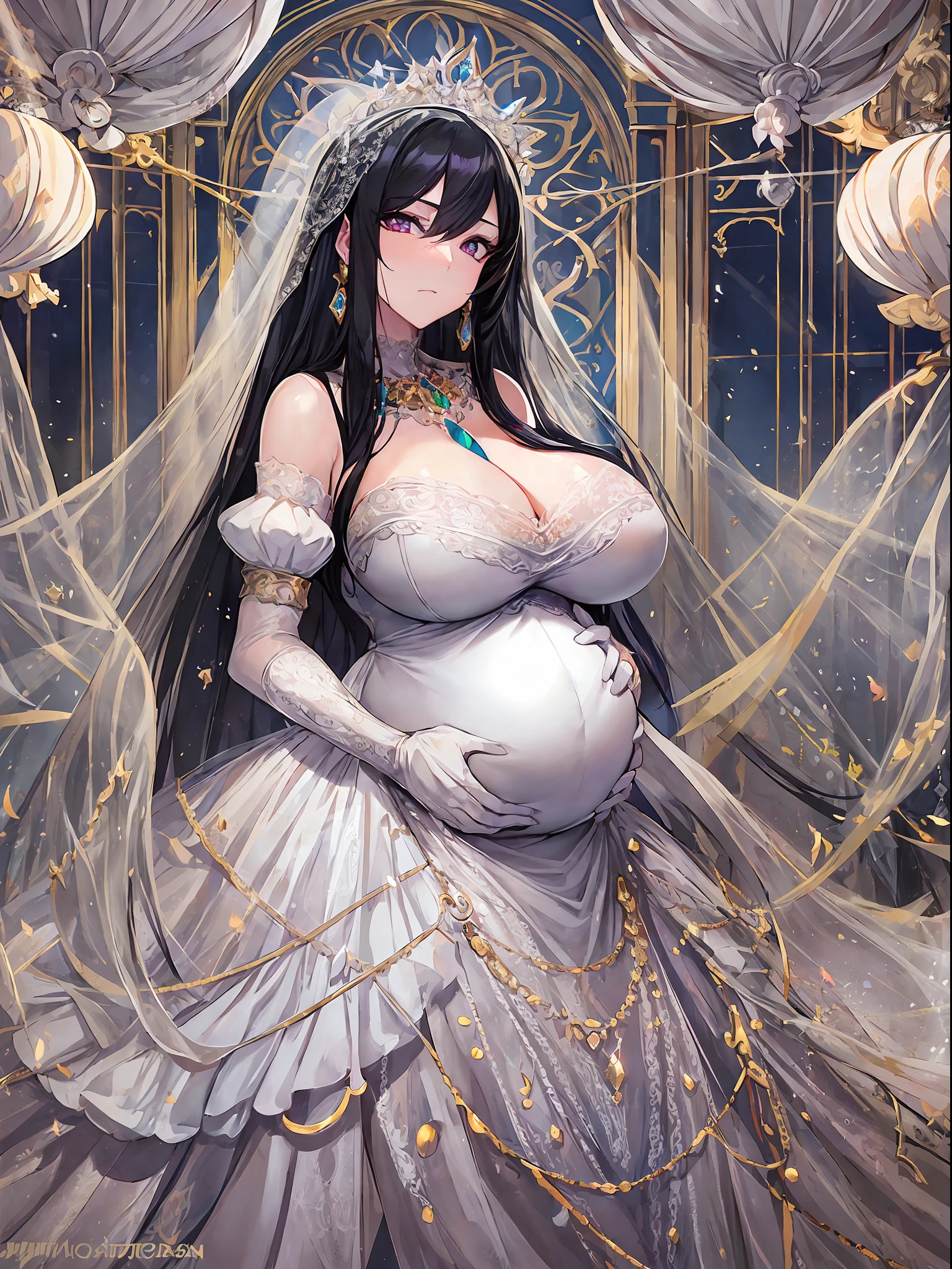 ((anime artstyle)),(((Masterpiece))), ((Best Quality)), ((Super Detail)), Illustration, (((Very Delicate and Beautiful))),Dynamic Angle,Looking at viewer,((((Solo)))),(((Full body))),(((1 arrogant pregnant empress in See-through white wedding dress having a wedding ceremony in a royal palace))),((((heavily pregnant)))),last month of pregnancy,(standing),((embarrassed)),anguish,Purple eyes,(Sharp eyes),Detailed Face, Long Eyelashes,Jet Black Hair,Straight Hair,((Very Long Hair)),Bangs between eyes, ((((gigantic breasts)))),cleavage,skindentation,curvy,See-through,(((fusion of See-through white wedding dress and white rococo ball gown))),(fluffy See-through white wedding dress with gorgeous embroidery),(((hoop skirt))),long skirt,corset,crinoline,long bridal veil,opera gloves,Beautifully Gorgeous jeweled big tiara,Beautifully Gorgeous gem earrings,Beautifully Gorgeous jeweled necklace,Beautifully Gorgeous jeweled ornaments,indoor,white lily flowers, flower petals flowing,Stained glass,light particles,