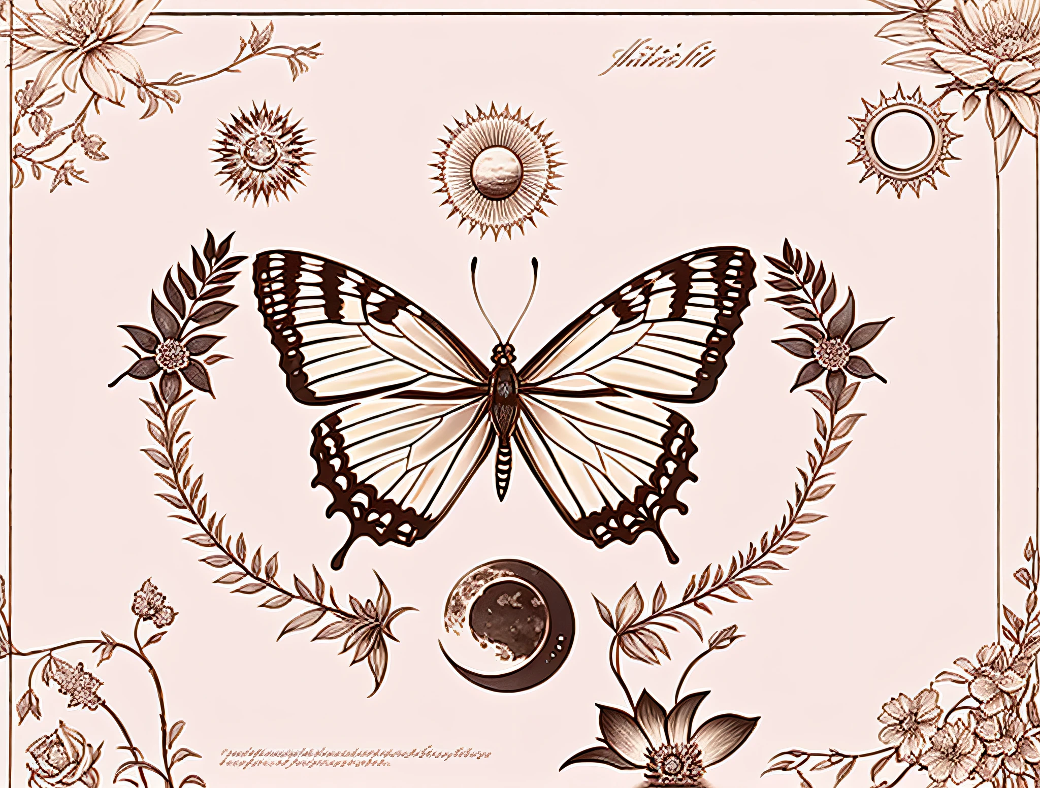 There is a butterfly, Butterflies are surrounded by flowers and plants, Above and below are the Moon and Sun, the background is starry, Whimsical style illustration, Black and white tarot card design, highdetail, hyper realism, symmetric, projection illustration, A Masterpiece, super detailh, Meticulous painting, highdetail, hyper realism, symmetric, projection illustration, A Masterpiece, super detailh, highdetail, super detailh, Gothic art, Chiaroscuro, high detail, Gothic art, Hyperrealism, chiaroscuro, symmetry, projected inset, Highres, masterpiece, super detail, high details, highres, super detail, ccurate
