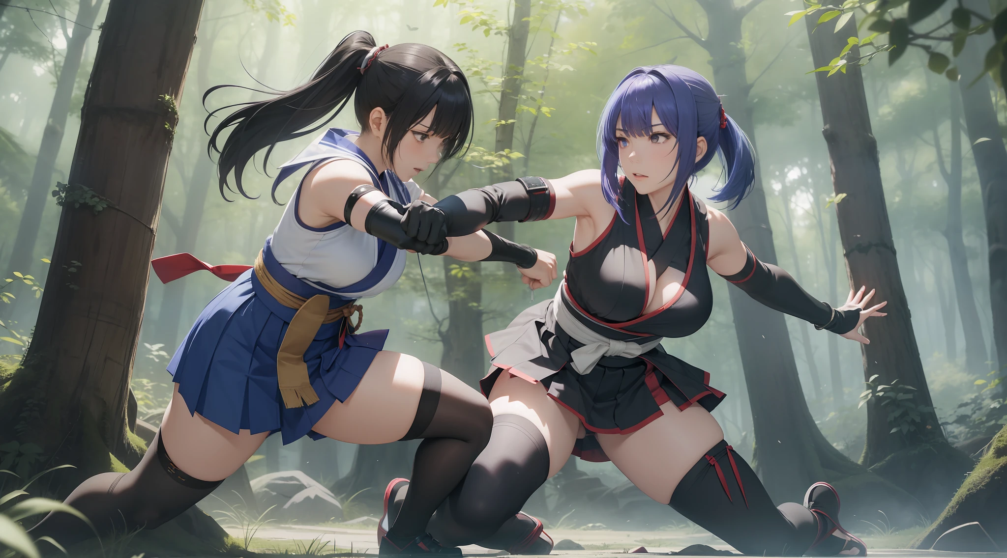 Full body shot from head to feet. A fighting between two character from Dead or Alive, Kasumi versus Ayane. Kasumi attack Ayane with her short sword. Ayame takes a lethal blow and succumbs to her injuries. They have long loose hairstyle. Both of them wears a traditional sleeveless short kimono, with an obi tied at back hip, and short skirt. On their hands, they wear black thin elbow gloves. On their feet, they also wears black thigh high socks, and black short shoes. The battle takes place in a dense and lush forest.