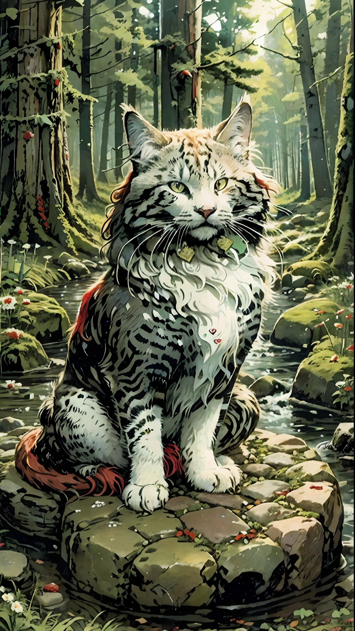 friendly looking Norwegian Forest cat with a red and white fur sitting on a single stone covered by moss in a forest
