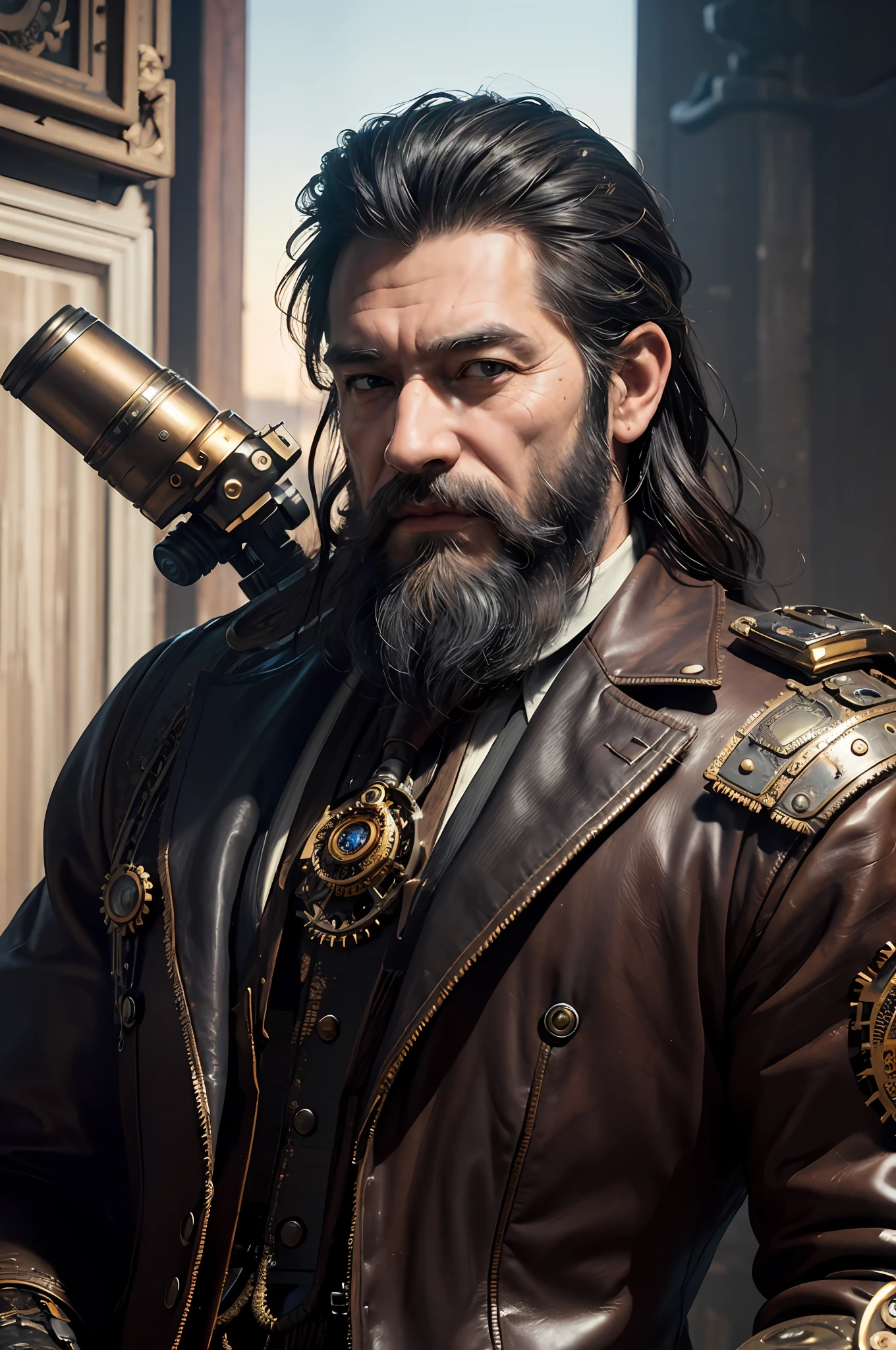 ((Masterpiece))), ((Best Quality))), ((Ultra Detailed)), (Surreal), (Highly Detailed CG Illustration), Cinematic Light, Realistic, Handsome Old Man, (Wrinkled Face and Beard), Intricate Details, Full View, Weapon, Robotic Arm, Cinematic Quality, Full Body, Short Black Hair, ((Steampunk)), Viking, Viking Age, Viking Style