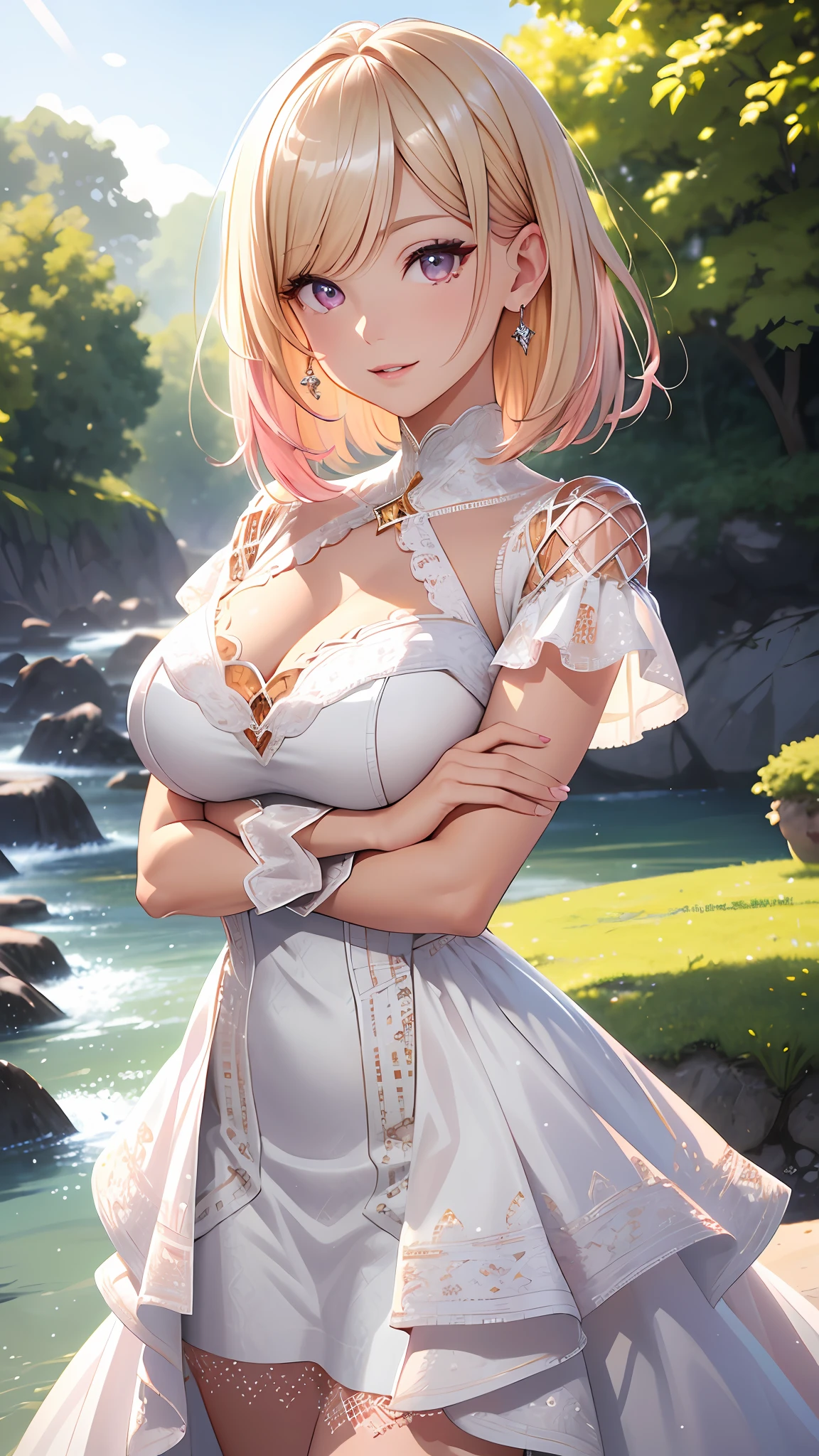 Realistic, Hyper Detail, Girls Only, Layered Bob, Dynamic Lighting, ((Bold imaginative pose)), (Glossy skin: 1.5), Masterpiece, Top Quality, Absurdity, Watching Viewer, (Blonde and Pink Hair), Purple Clear Eyes, Slender, High Resolution, Sharp Focus, Depth of Field, Detail Eyes, Sharp Eyes, (Realistic Eyes)), ( Medium: 1.4), outdoors, sunrise sky, many white hydrangea backgrounds, (caramel tou: 1.2)), (attractive delicate design river trimmed lace dress made of many strings and (intricately patterned silver armor): 1.3))