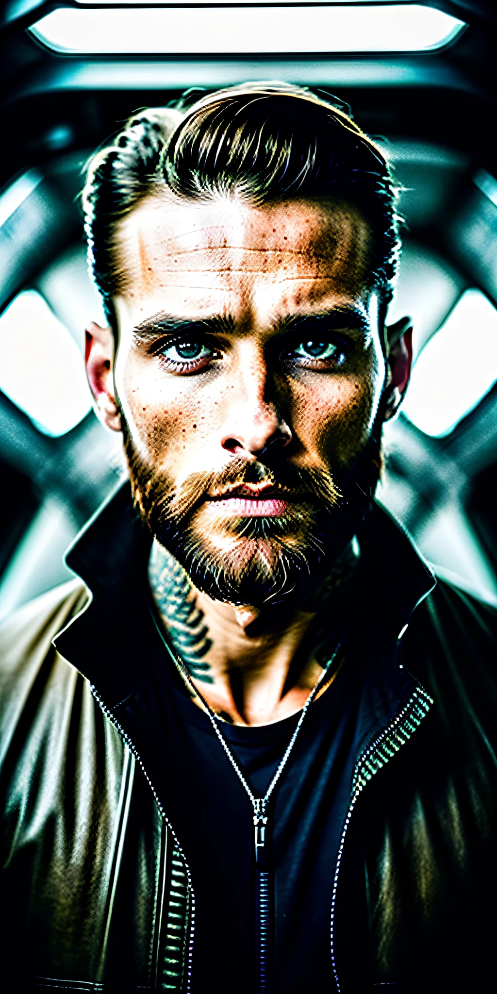portrait of modern day Jesus, cinematic lighting, depth of field, bokeh, realism, photorealistic, hyperrealism, professional photography, uhd, dslr, hdr, male, 33 years old, character, standing in the black cabin of a spaceship, sci-fi, cinematic, cannon 6d, octane render, medium shot, black leather jackets, cargo pants, boots, tough, resilient, determined, strong-willed, fierce, loyal, skilled, belter, resourceful, brown hair, brown beard, intense, piercing eyes, muscular, no-nonsense, pragmatic, tattooed, weathered, commanding, authoritative, intimidating, unyielding, confident, striking, intense, angular, expressive look, fierce look, alluring look, determined look, strong eyeliner, mesmerizing eyes, defined cheekbones, sculpted jawline, elegant, graceful, natural beauty, magnetic, charismatic, lovely face, versatile, photogenic, crown of thorns on the head