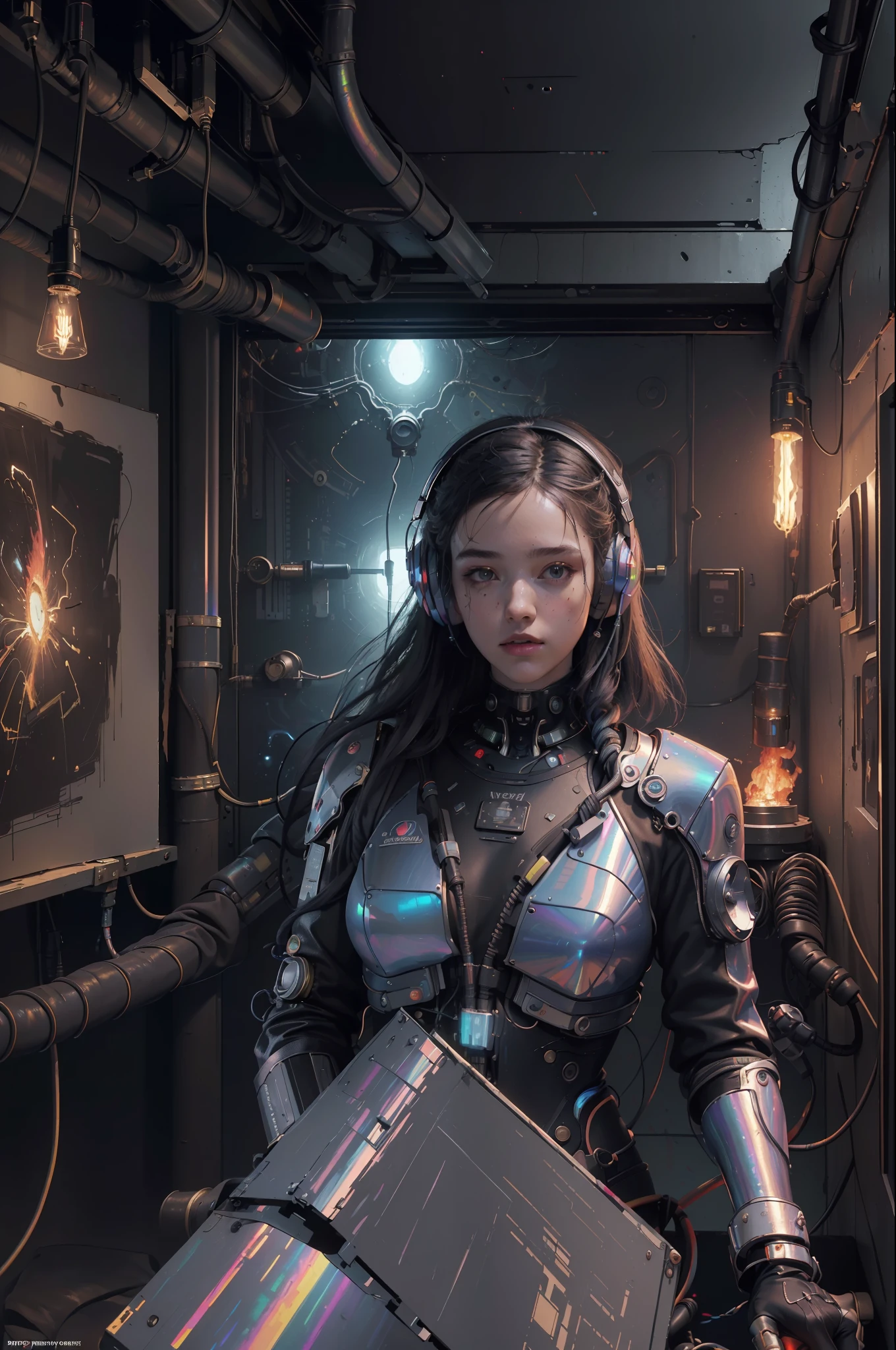 (masterpiece, best quality, highres, absurdres, detailed:1.2), humanoid, robot, wearing headphones, looking away, (cyberpunk, art canvas, paint brush, easel, iridescent, holographic: 1.6), (cables, wires, flames, fire, smoke, overheat, explosion, indoors, room, simple background)
