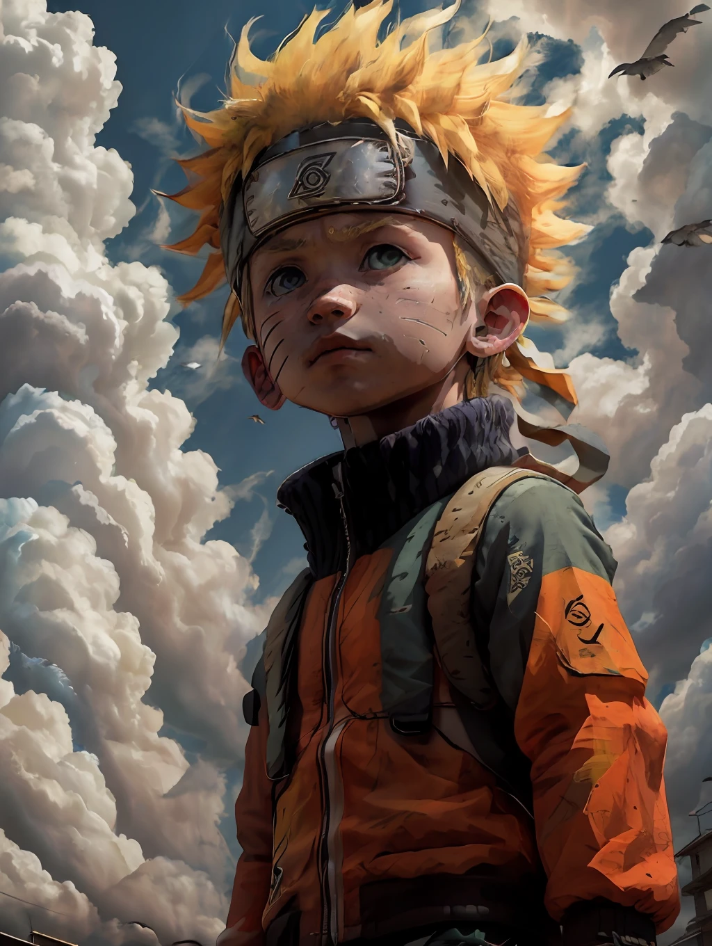 chibinaruto, 1boy, blonde hair, male focus, solo, sky, green eyes, cloud, day, whisker markings, bird, blue sky, male child, jacket, outdoors, upper body, cloudy sky, Rio de Janeiro
