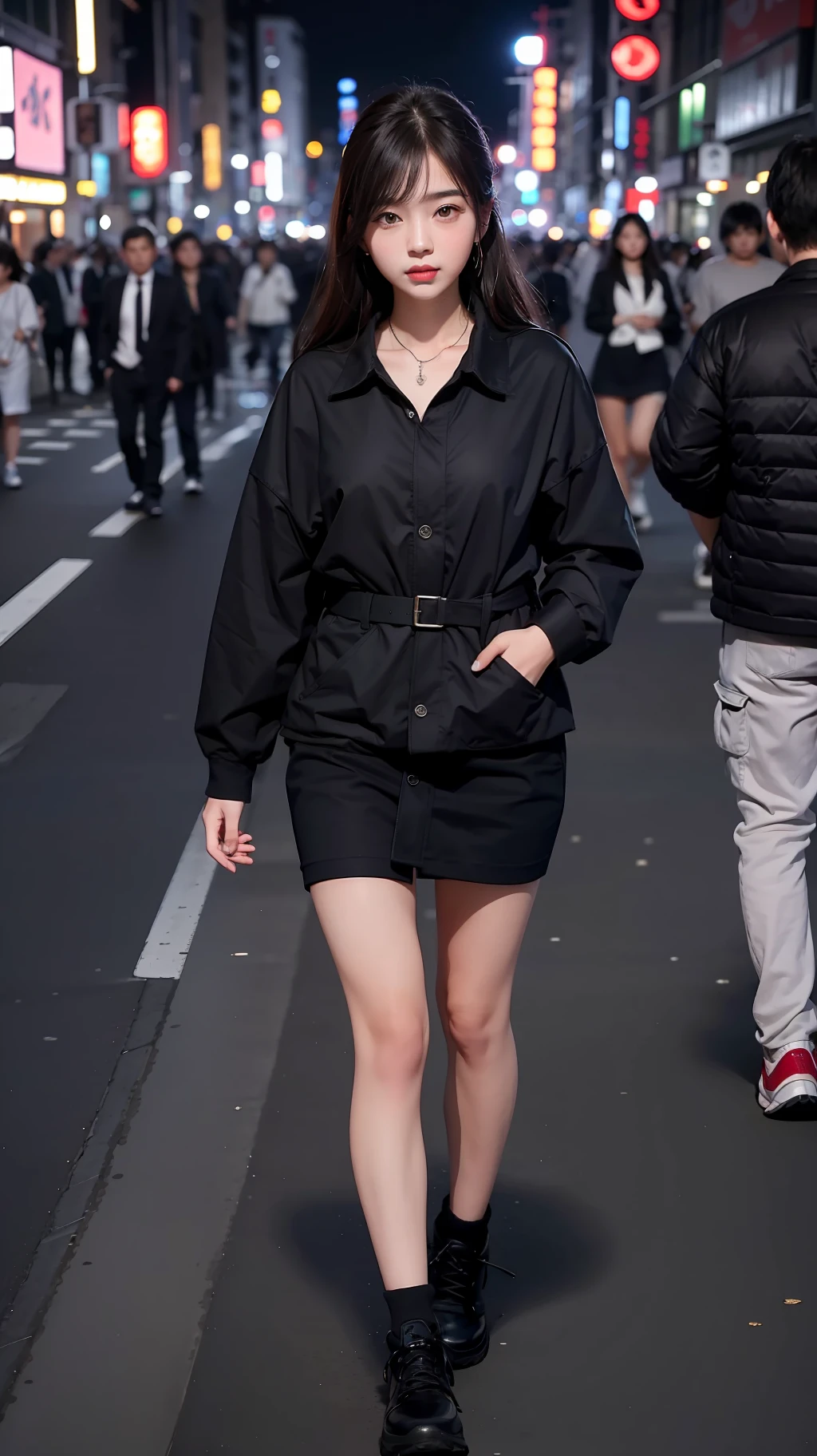 1girl, tokyo street, night, cityscape, city lights, full body photo, ultra vista, 8k, raw photos, best quality, masterpiece, realistic, photo realistic,