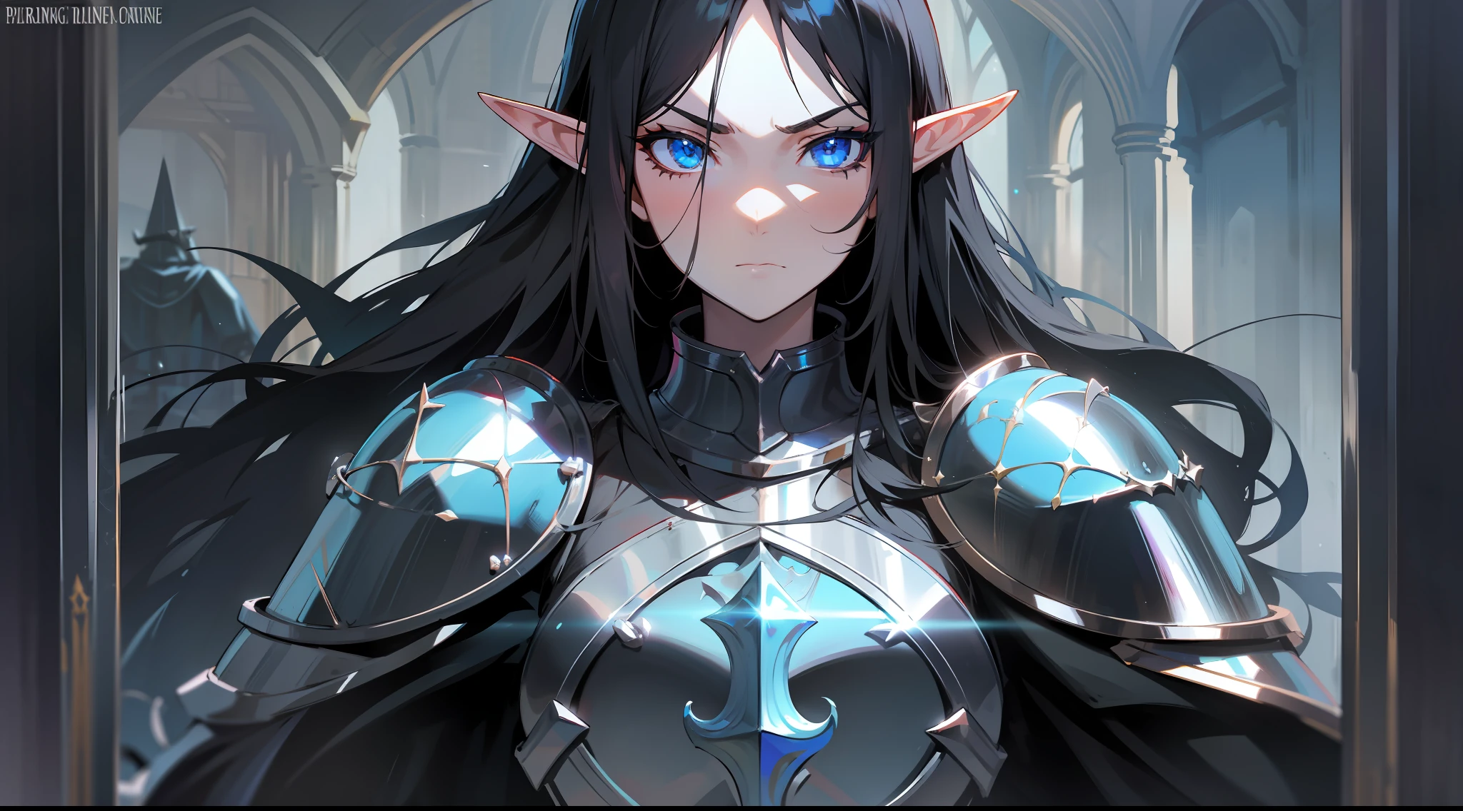 elf, long black hair, blue eyes, paladin, black heavy armor, heroic pose, serious expression, fantasy, medieval, dark dungeon, lens reflection