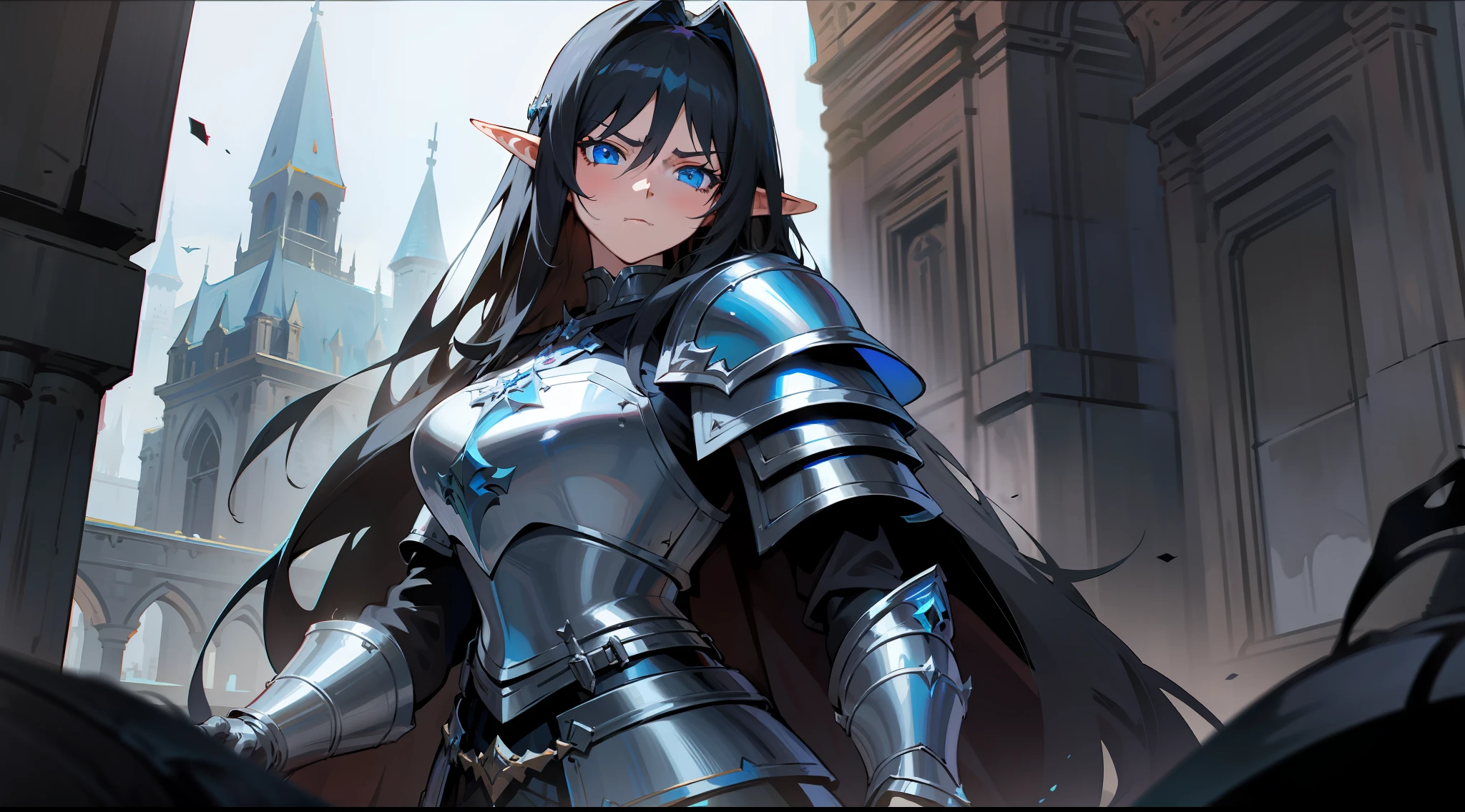elf, long black hair, blue eyes, paladin, black heavy armor, heroic pose, serious expression, fantasy, medieval, dark dungeon, lens reflection