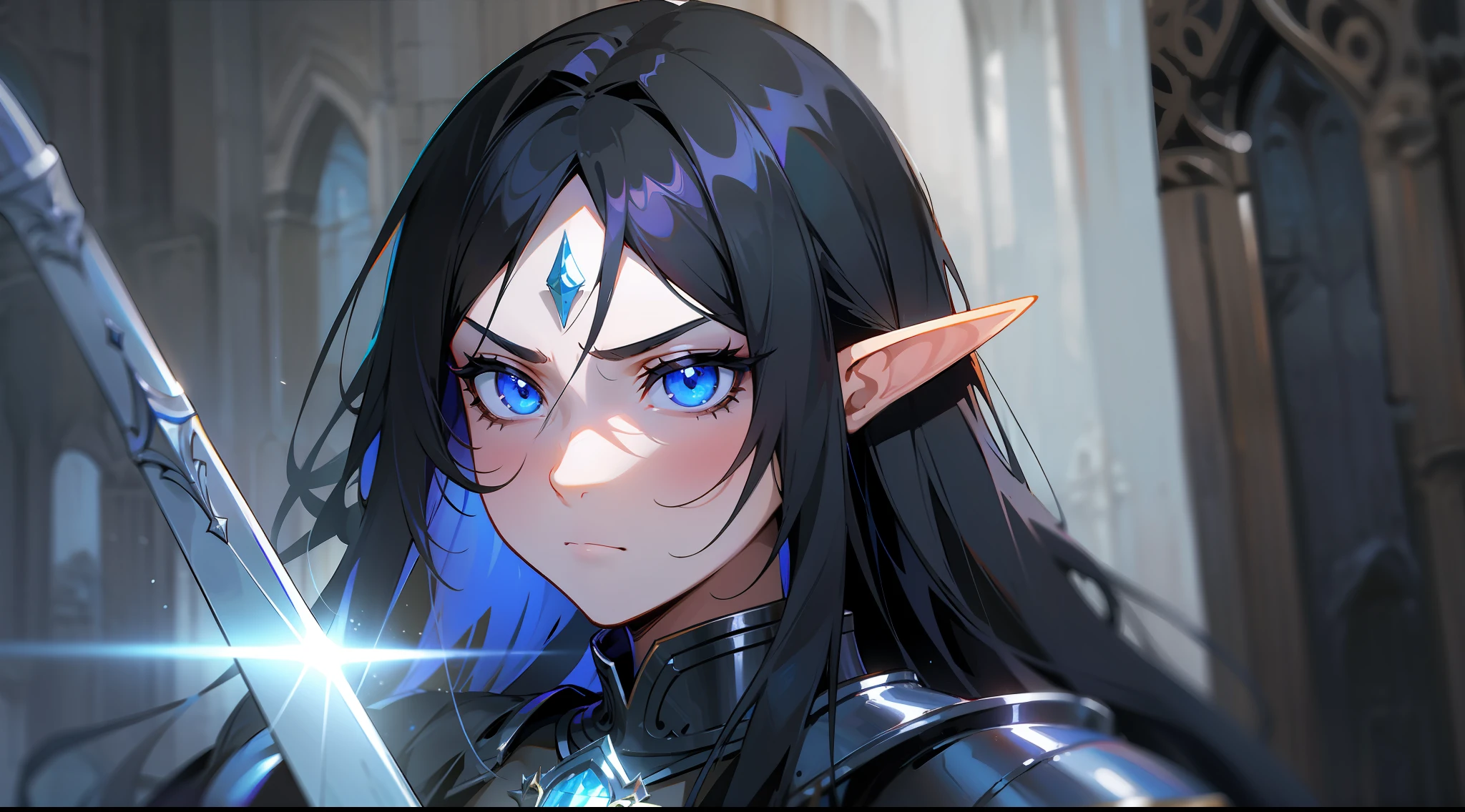 elf, long black hair, blue eyes, paladin, black heavy armor, heroic pose, serious expression, fantasy, medieval, dark dungeon, lens reflection