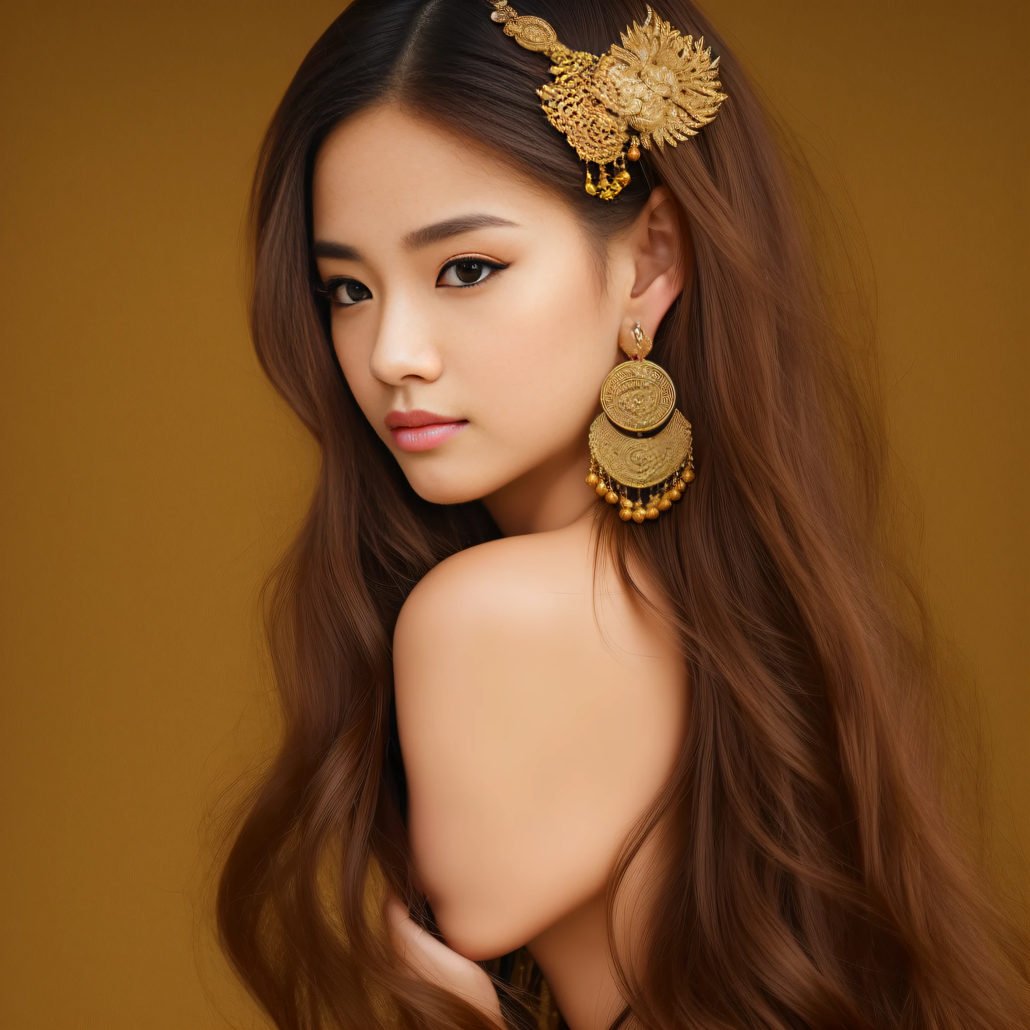(Best Quality), (Masterpiece), (HD).Chinese Aesthetics, 1 Girl, Solo, Earrings, Jewelry, Brunette Hair, Long Hair, Looking at the Audience, Realistic, Brown Eyes, Blurred, Lips.