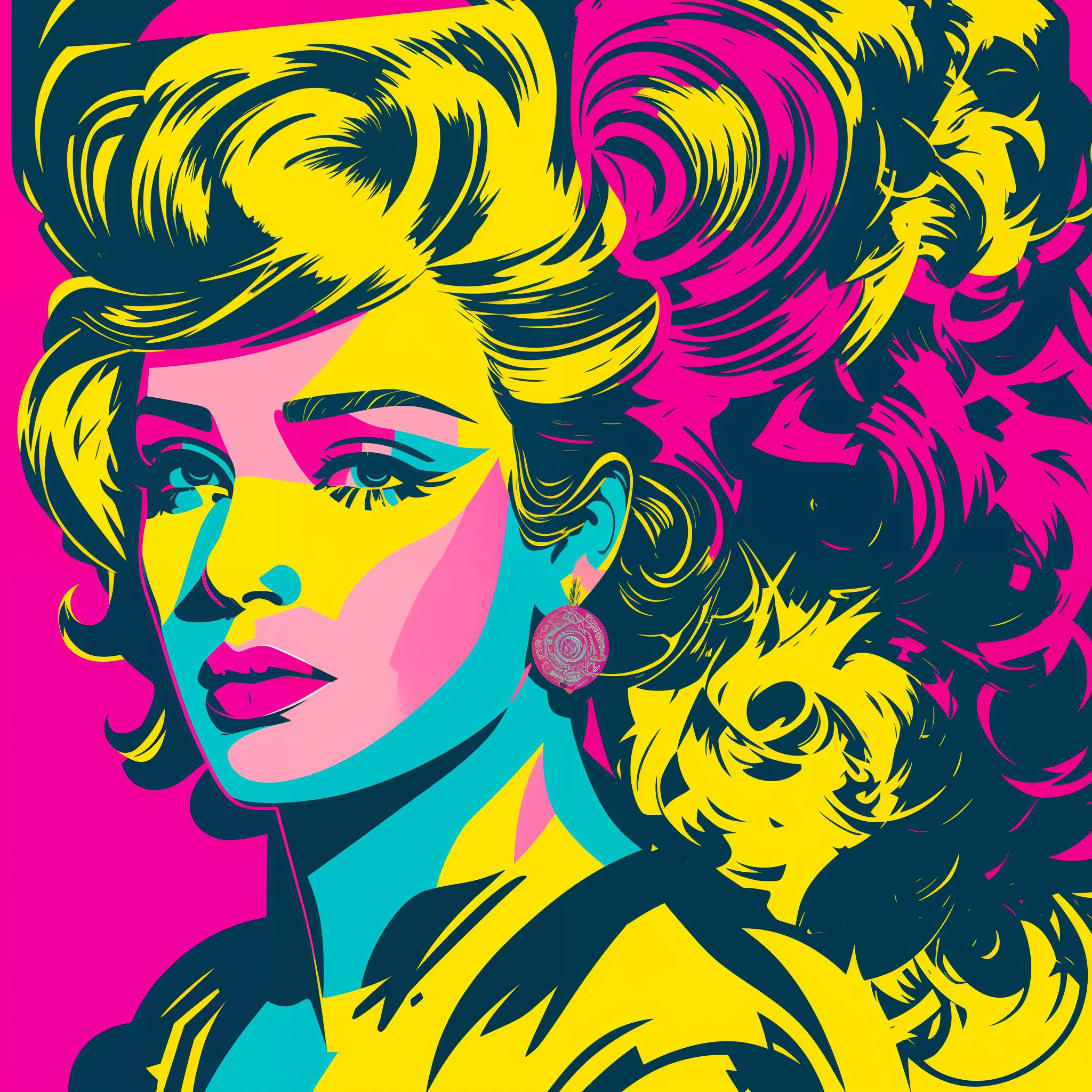 This digital design is a tribute to pop artist Andy Warhol's iconic style. Inspired by retro aesthetics and popular culture, the work presents a vibrant and energetic composition. The central image is a portrait of a female figure, with distinctive features and bold colors. The color palette used is characteristic of Warhol's style, with bright shades of shock pink, bright yellow and electric blue. The figure is represented in a stylized way, with defined outlines and flat color filling. The background of the work is filled with repetitive patterns and graphic elements that refer to the pop culture of the time. The use of overlays and contrasts adds dynamism and visual impact to the composition. This digital design captures the essence of Andy Warhol's distinctive style, --auto --s2
