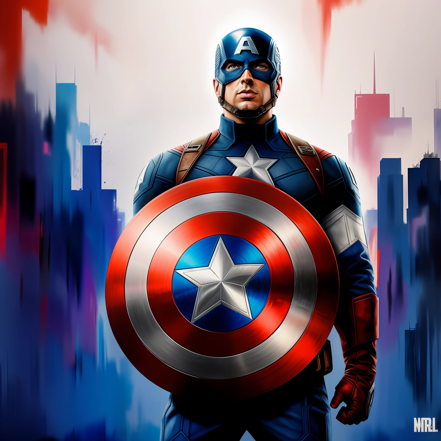 captain america, new york background, graffiti art style, white background, oil painting, watercolor, ultra details, leftovers, 8k render, realistic reflections