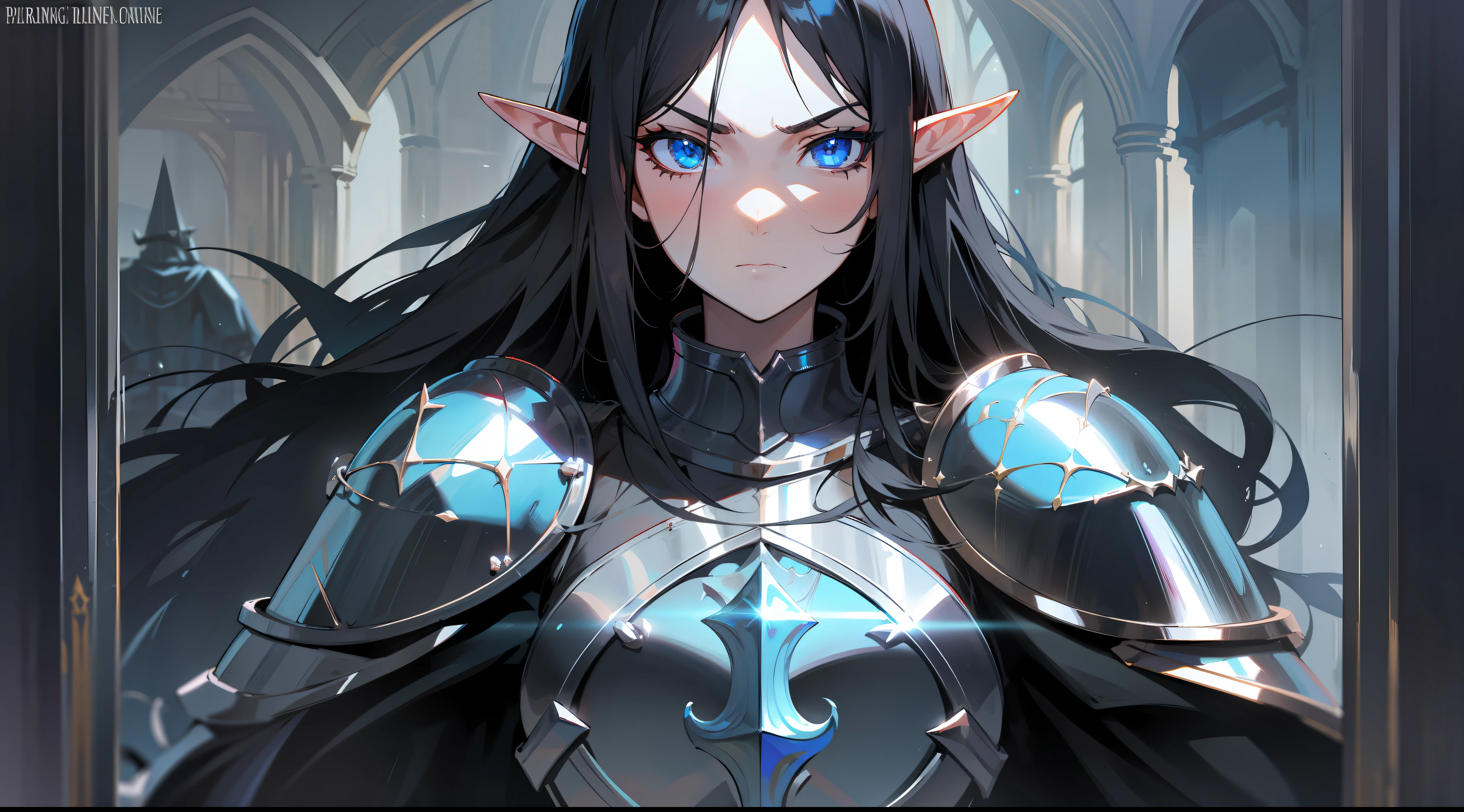 elf, long black hair, blue eyes, paladin, black heavy armor, heroic pose, serious expression, fantasy, medieval, dark dungeon, lens reflection
