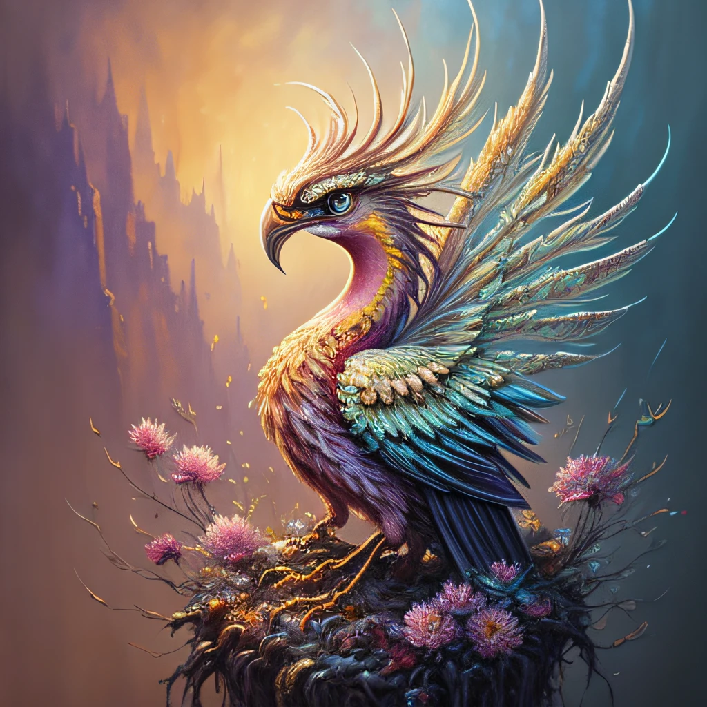 majestic fenix bird Oil painting. 3d, hyperdetailed and intricated fantasy majestic fire fenix bird, hoarfrost plumage, hyperdetailed surreal background with flowers, digital art, concept art, surrealistic, oil painting, watercolor, octane render, hyperdetailed, magic, fantasy, fairy. Josephine Wall, Adrian Chesterman, artstation, 4k, symmetrical, soft lighting, trending on artstation, intricate details, highly detailed, pencil drawing, sketching, unreal engine, oil painting, heavy strokes, paint dripping, oil painting, heavy strokes, paint dripping, oil painting, heavy strokes, paint dripping, oil painting, heavy strokes, paint dripping, extra depth, kids story book style, muted colors, watercolor style