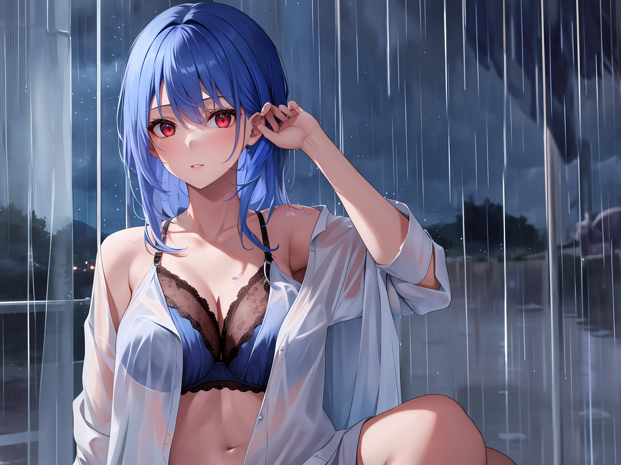 A girl.Night. moon. Moonlight. Dark. Best quality. Red eye.whiteblue hair. Middle hair. Rain. Rainning.  Water. Bra. Withoutcloths