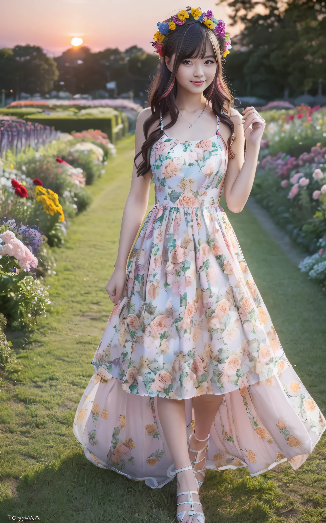 (((((Full body photo))),((Slim body)))),20 years old, twilight rays, rose pattern slip dress, flower crown, (((Tokugawaen))), rose front bokeh, bokeh, photorealistic, surrounded by colorful roses, (((smiling)))))), (1 girl), (sunset: 1.3), (8k, RAW photography, best quality, masterpiece:1.2), (real, Photorealistic:1.37), Best Quality, Ultra High Definition, (Standing in the Flower Garden:1.3), (Vibrant and Colorful:1.3)