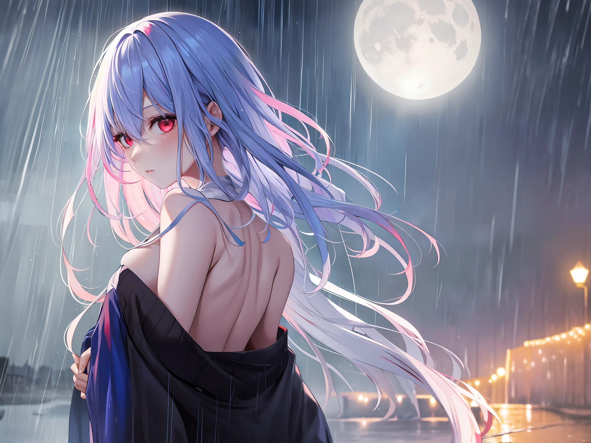 A girl.Night. moon. Moonlight. Dark. Best quality. Red eye.whiteblue hair. Middle hair. Rain. Rainning. Water. Bra. Withoutcloths