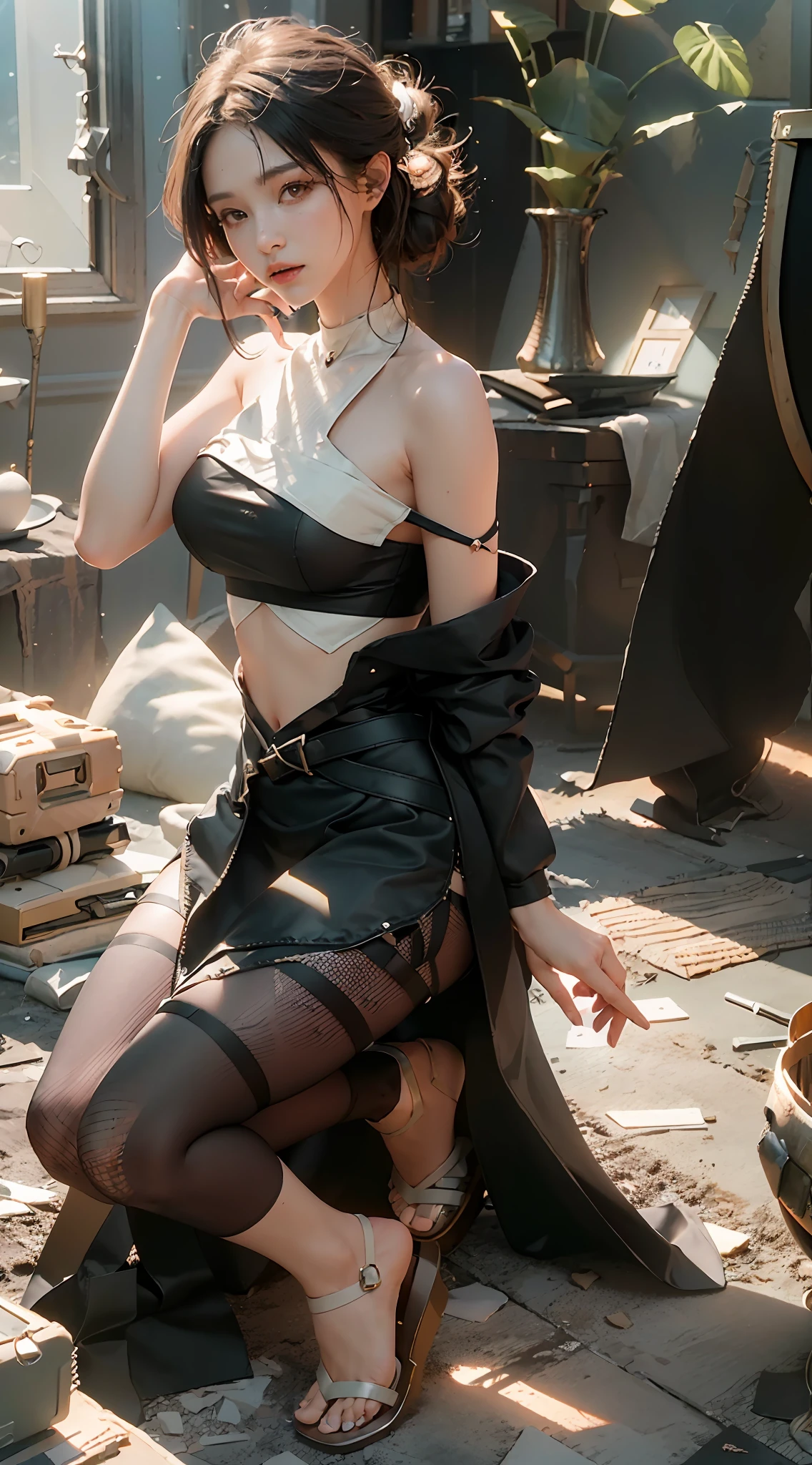 (Best Quality), ((Masterpiece)), (Details: 1.4 pieces), 3D, Beautiful Pure Beauty, (Black Crop Top: 1.9), (Sandals: 1.6), (Kneeling: 1.6) HDR (High Dynamic Range), Ray Tracing, NVIDIA RTX, Super Resolution, Unreal 5 Pieces, Subsurface Scattering, PBR Texture, Post Processing, Anisotropic Filtering, Depth of Field, Maximum Sharpness and Sharpness, Multi-layer Textures, Albedo and Highlight Maps, Surface Coloring, Mitsu - Accurate simulation of material interactions, perfect proportional ratio, octane rendering, two-color light, large aperture, low ISO, white balance, rule of thirds, 8K RAW,