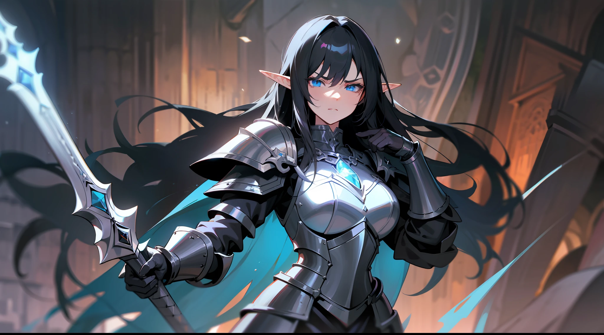 elf, long black hair, blue eyes, paladin, dark black heavy armor, heroic pose, full body, serious expression, fantasy, medieval, night, dark dungeon, lens reflection