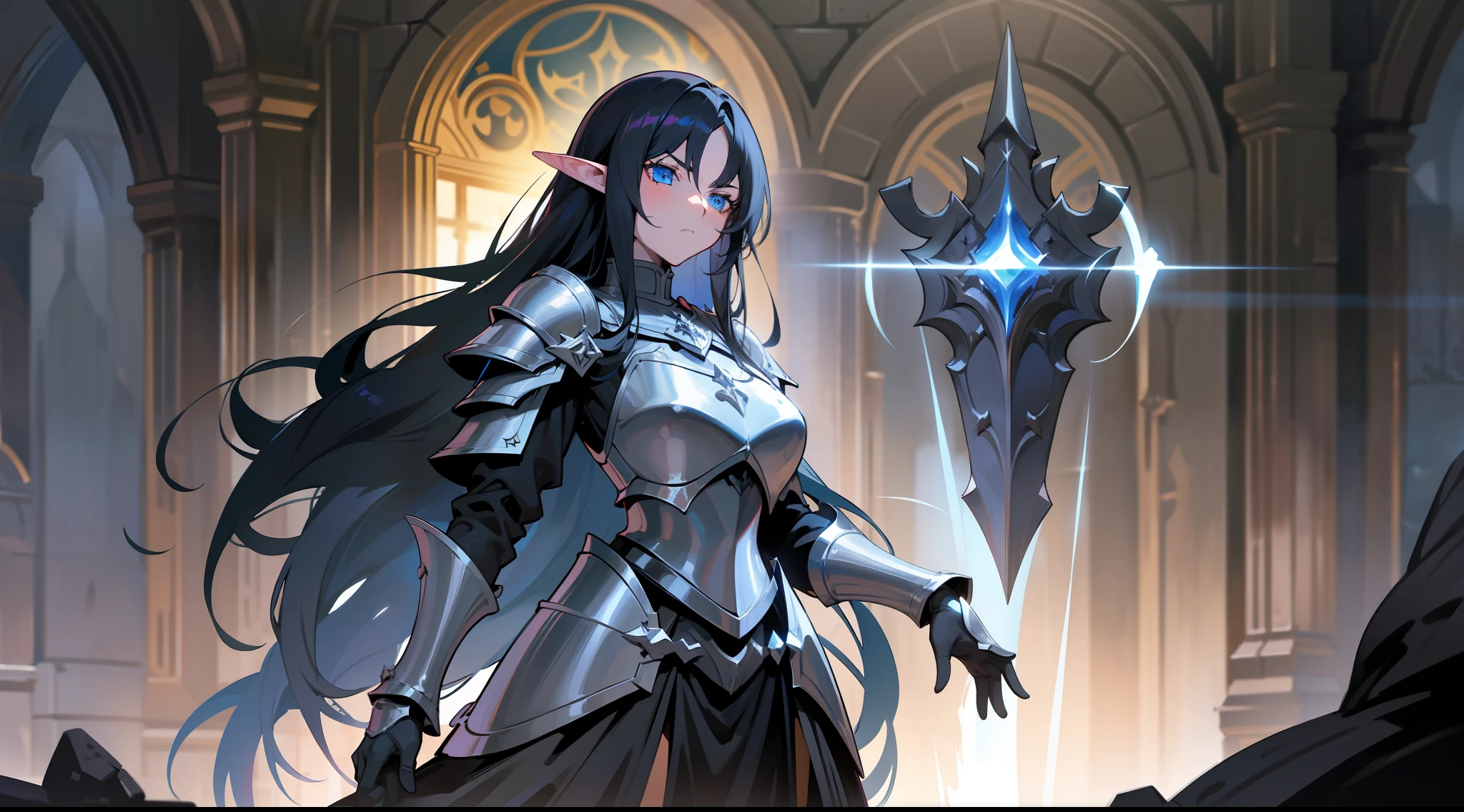 elf, long black hair, blue eyes, paladin, dark black heavy armor, heroic pose, full body, serious expression, fantasy, medieval, night, dark dungeon, lens reflection