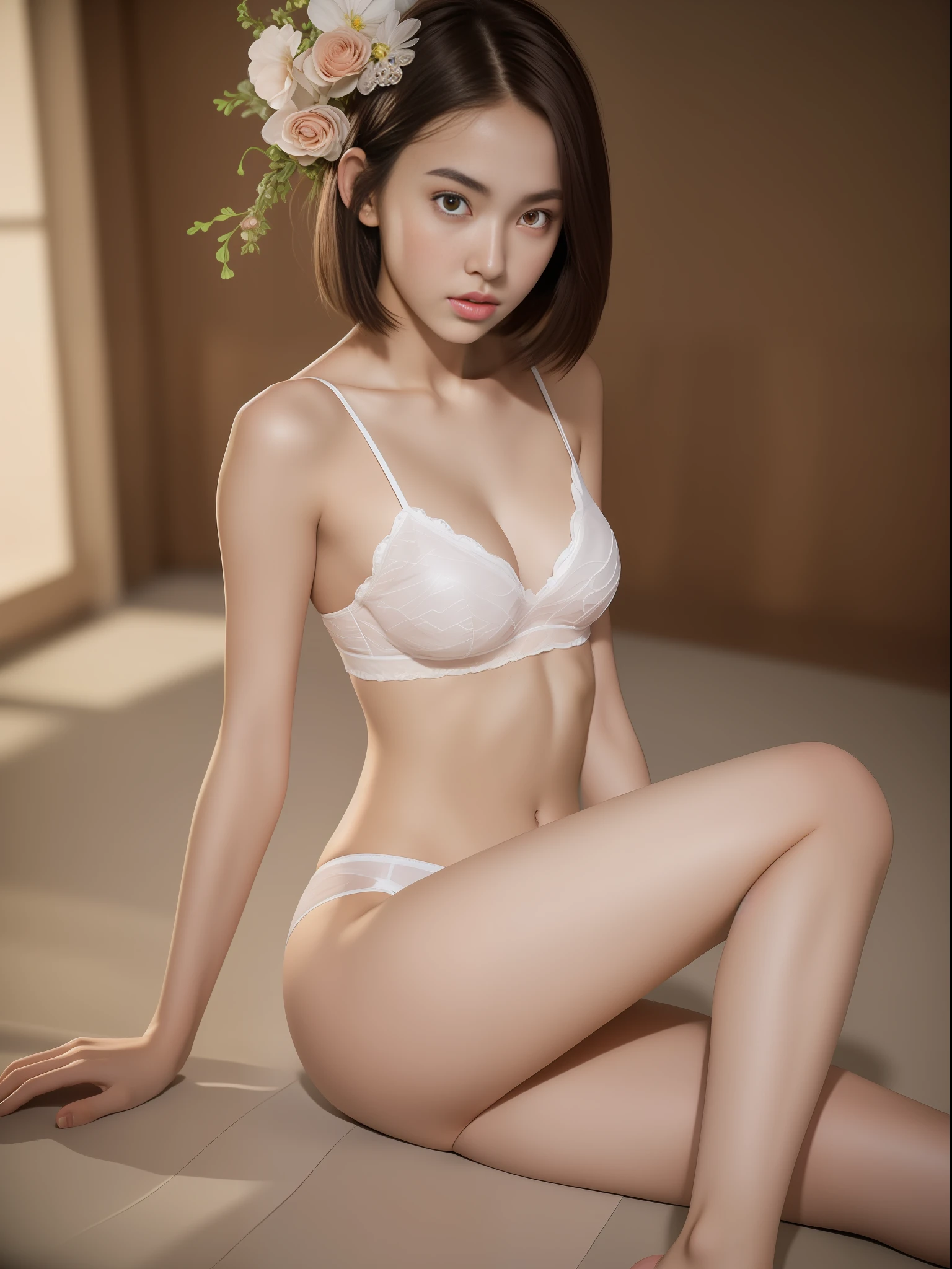 Full body, precise proportions, volleyball girl, 18 years old Chinese girl, slim model , single, petite, short hair, tulle, long legs, slightly open feet, buttocks, blush, shyness, collarbone, abs, double weave, chinese woman, beautiful and delicate face, fair skin, real skin, (detail face), goose egg face, pores, super high resolution, 8k, parameters Best quality, masterpiece, super high resolution, (Realistic 2.0), More details, detailed skin, white panties, brunette straight hair, beautiful eyes, asian girl, slim, fashion, cosplay girl, girlfriend, beautiful, beautiful, flowers, studio lighting