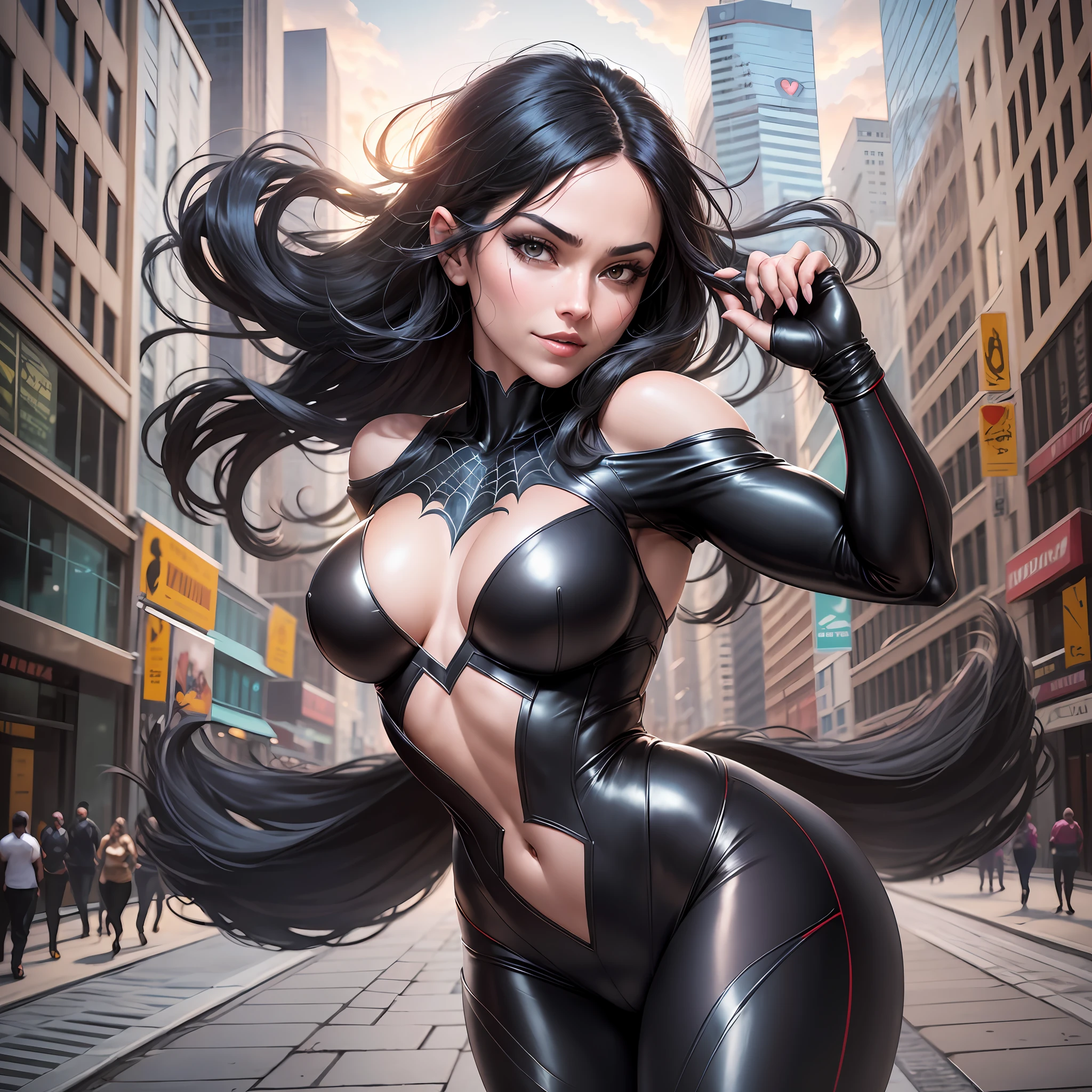 Spider Woman exudes an audacious confidence as she moves silently through the streets of the city. His agile and elegant figure is wrapped in a fair and elegant costume that accentuates his perfect curves. His mask reveals only his bright eyes and his confident smile. Her black hair flows in locks in the wind as she leaps through the buildings of the city. Her presence is magnetic, and she exudes a powerful energy that makes her even more attractive. She is strong and courageous, always ready to face danger to protect those who need help. Her arachnid agility makes her a formidable opponent in combat, and her intelligence and cunning are her main weapons. Despite her strength and courage, she is kind and compassionate to those who are struggling. She takes her responsibilities as a hero seriously, but is also notable for her cheerfulness and sense of humor. She is a true arachnid beauty, with a heart of gold and a brave soul. , 8k high resolution image, hyper detailed, super realistic, intricate details --auto --s2