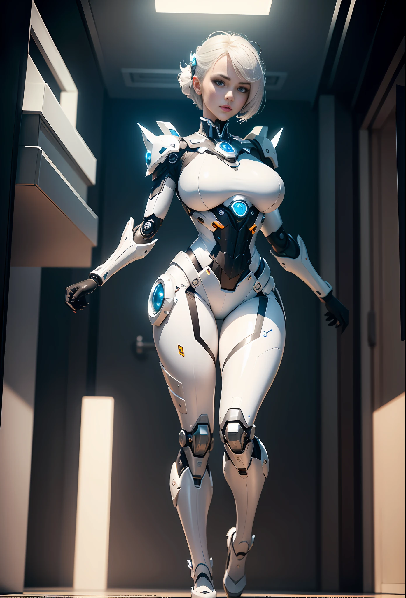 (8k, masterpiece, best quality), super detail, beautiful fine eyes with beautiful details, exquisite and detailed face, high quality, high resolution, beautiful hairstyle, realistic eyes, beautiful detailed eyes, (realistic skin), facing the audience, robot girl wearing sexy costume, huge breasts, white transparent tights, mecha, mechanical room, single, expressionless, white men short hair, mechanical prosthetics, mechanical legs, mechanical body, knee stilettos, standing, sexy, unreal 5，Full-Shot Angle